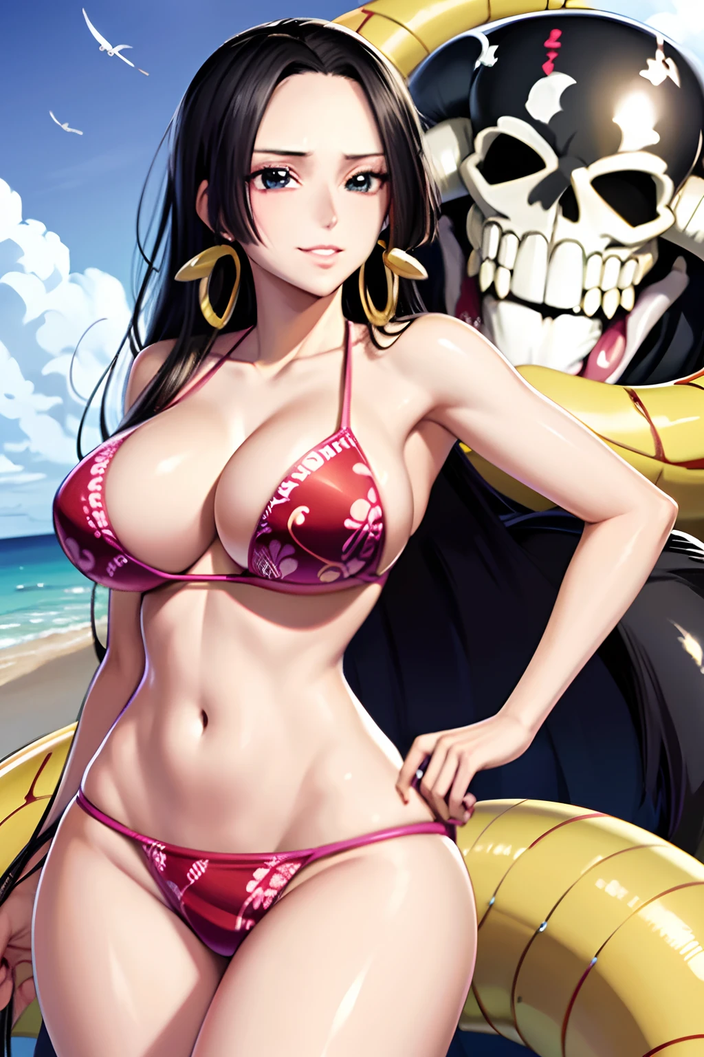 (transparent_bikini:1.1),nvdiboya,skull_snake,groin,Light smile,Raised sexy,Need，The face is red