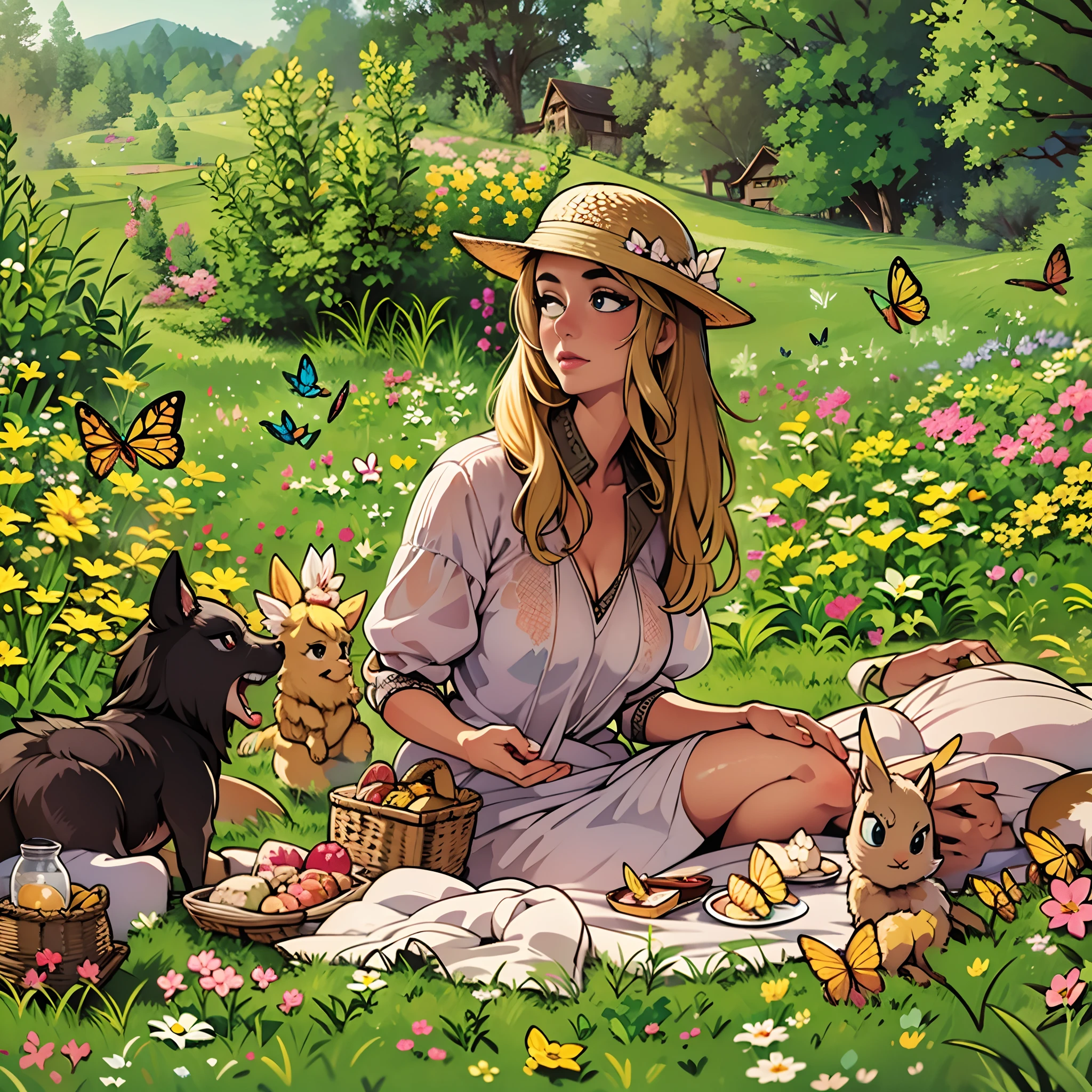 woman, age 30, milf, having a picnic in a picturesque meadow, surrounded by flowers, butterflies, and the gentle company of woodland creatures.