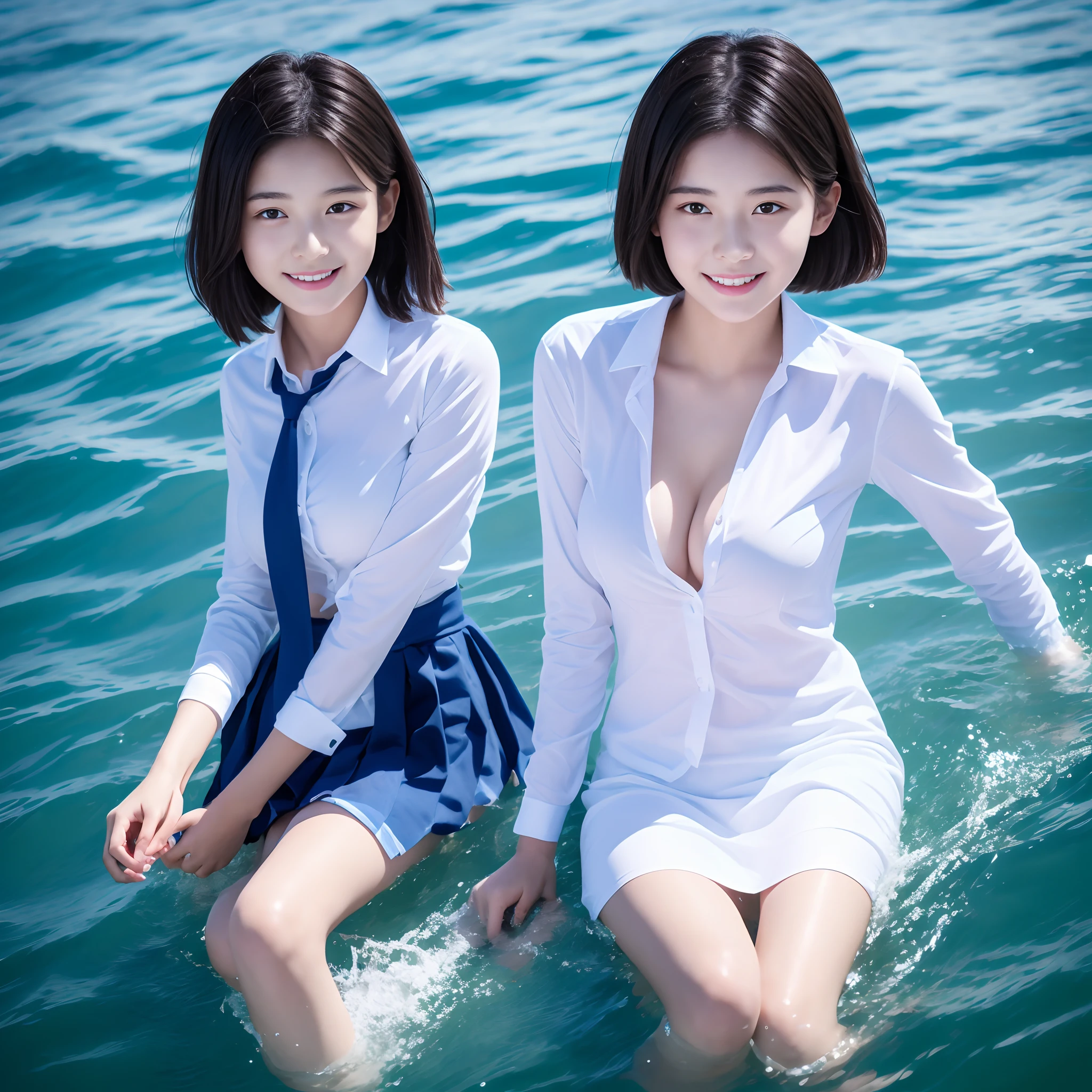 Beautiful high school student wearing school uniform by the sea,Super high value,extra very short hair,Delicate hair,Fair face and skin,Hanging water droplets,Happy playing in the water,Large breasts,Chest hyperexcion,perfect body figure,The sea is crystal clear