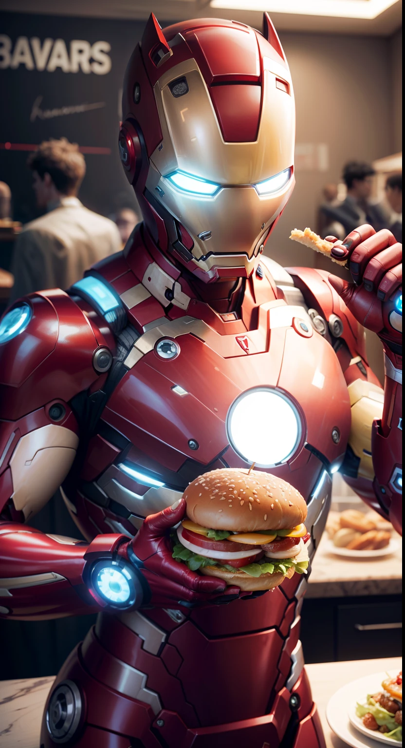 "Ironman savoring a delectable handburger, depicted in a lifelike and immersive frontal perspective."