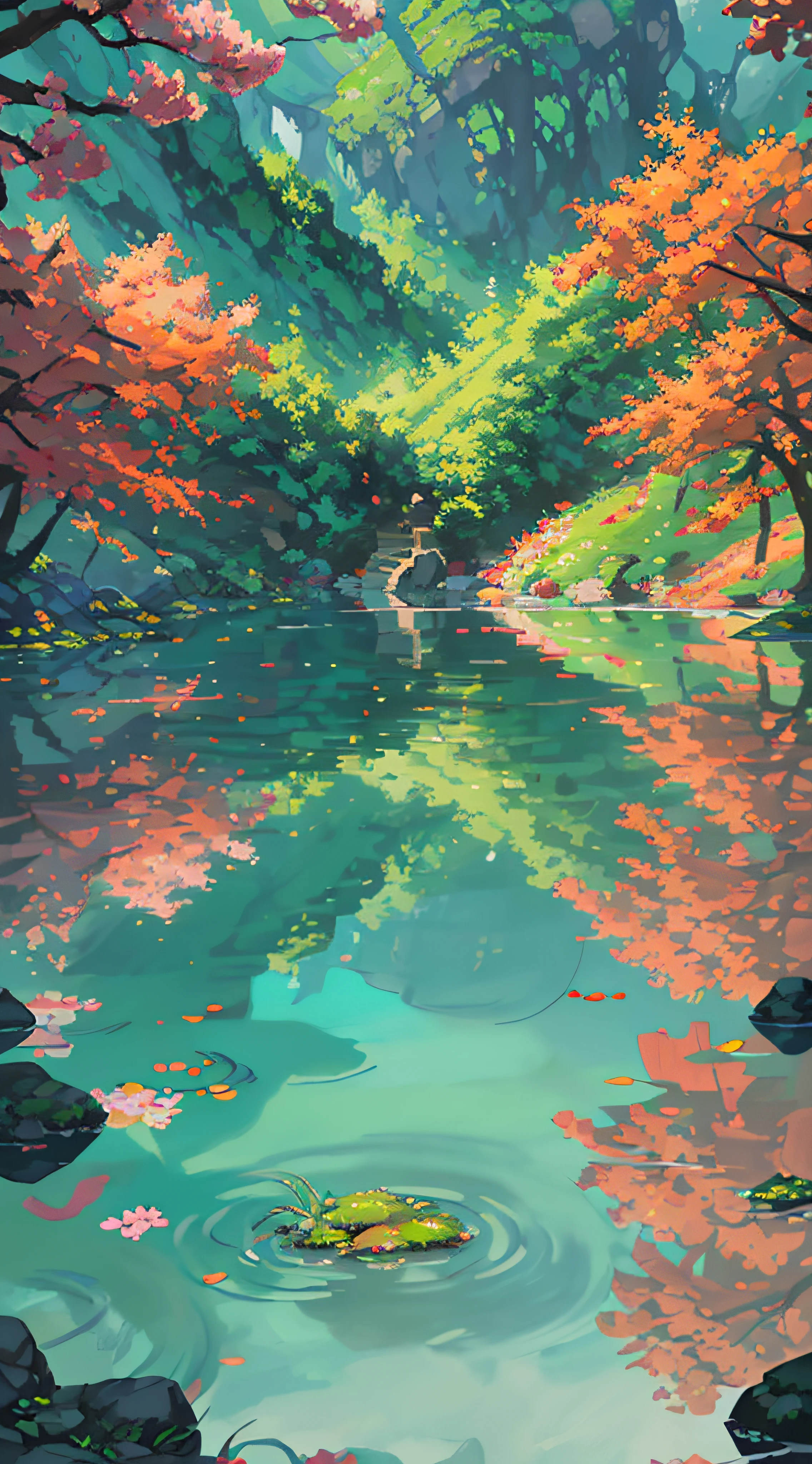 Chinese ancient times, spring, jungle, lake, cave, waterfall, tree, meadow, rock, deer, hot spring, water vapor, (illustration: 1.0), epic composition, realistic lighting, HD details, masterpiece, best quality, (very detailed CG unified 8k wallpaper)