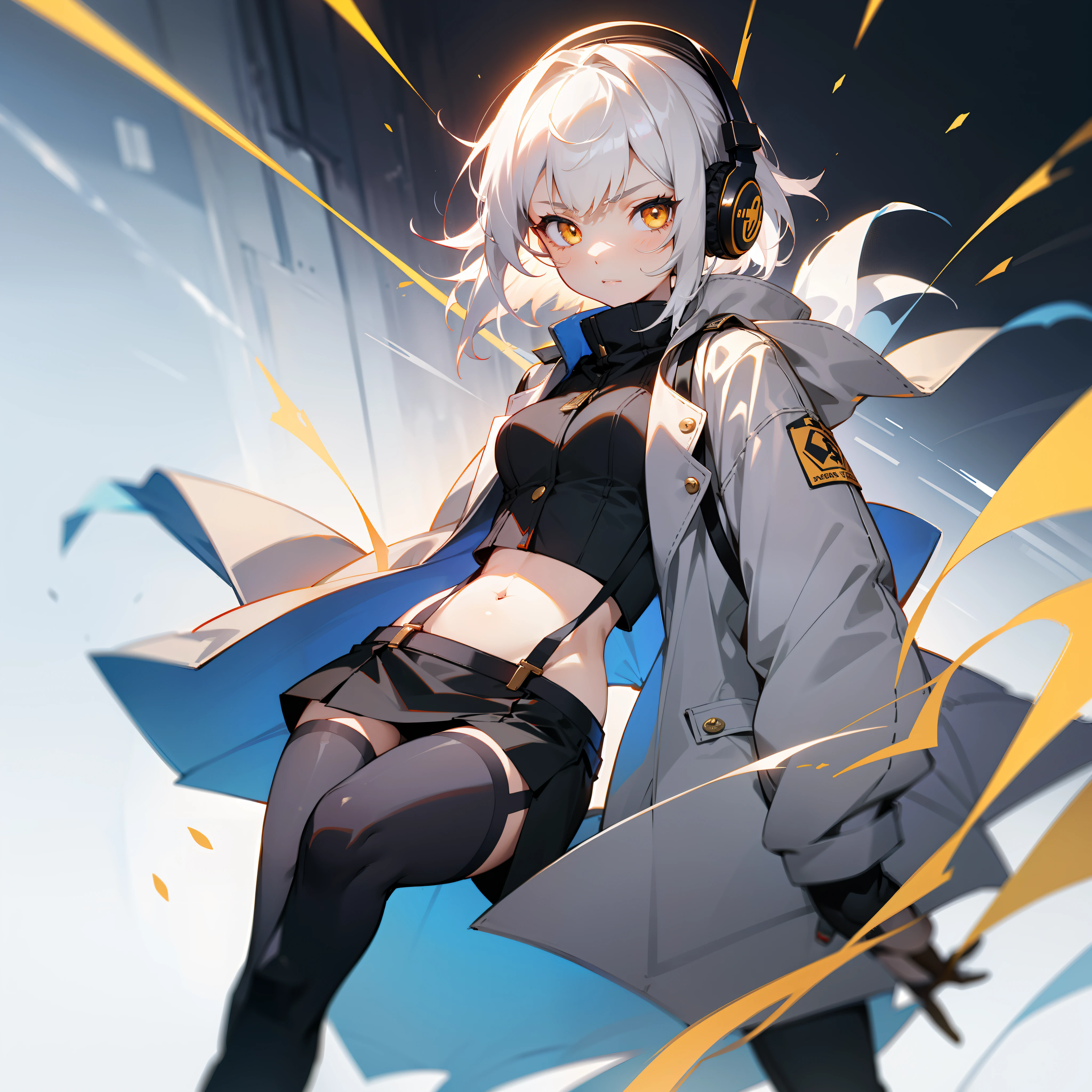 teens girl,with short white hair,Full face headphones,A cold face,Golden eyes,Short gray coat,showing belly,black short skirt,Suspender stockings,Long boots