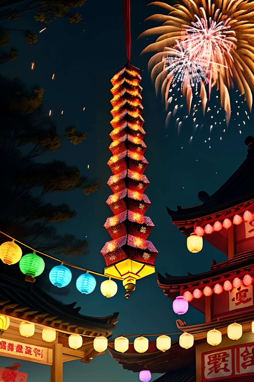 Spring Festival Lantern Fuku Tie Fireworks Lights Small Animals Horizontal Screen Wallpaper Cartoon Type Cute type