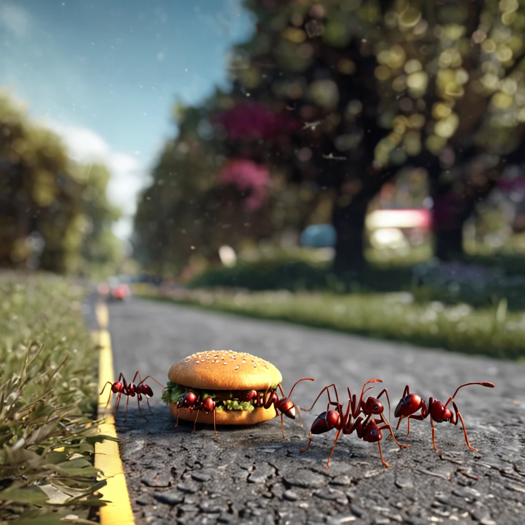 Ants carrying a burger down the road，There is a burger on the road，Ants walking on the road，magic hour，Photorealistic rendering，The is very detailed，tmasterpiece，Miniatures