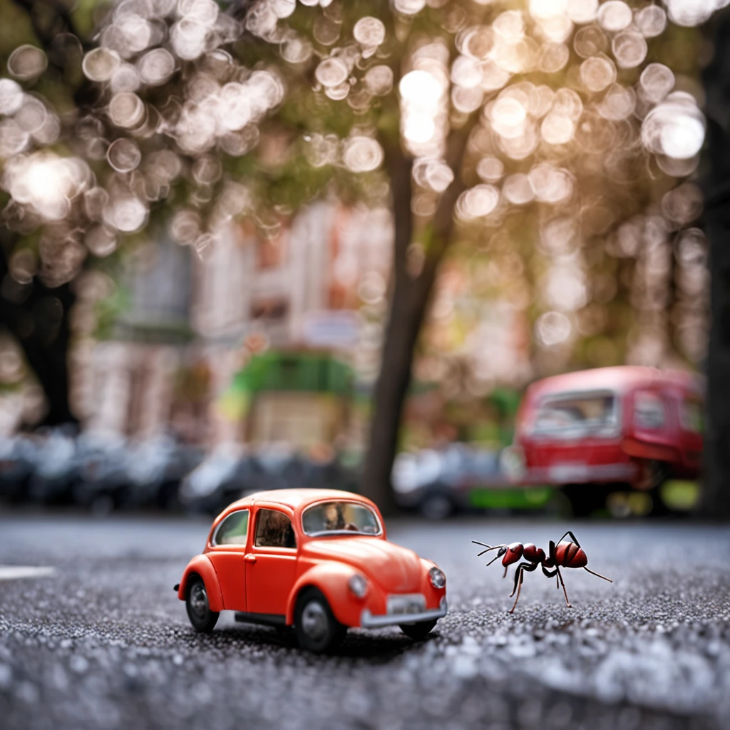 Ants carrying a burger down the road,There is a burger on the road,Ants walking on the road,magic hour,Photorealistic rendering,The is very detailed,tmasterpiece,Miniatures