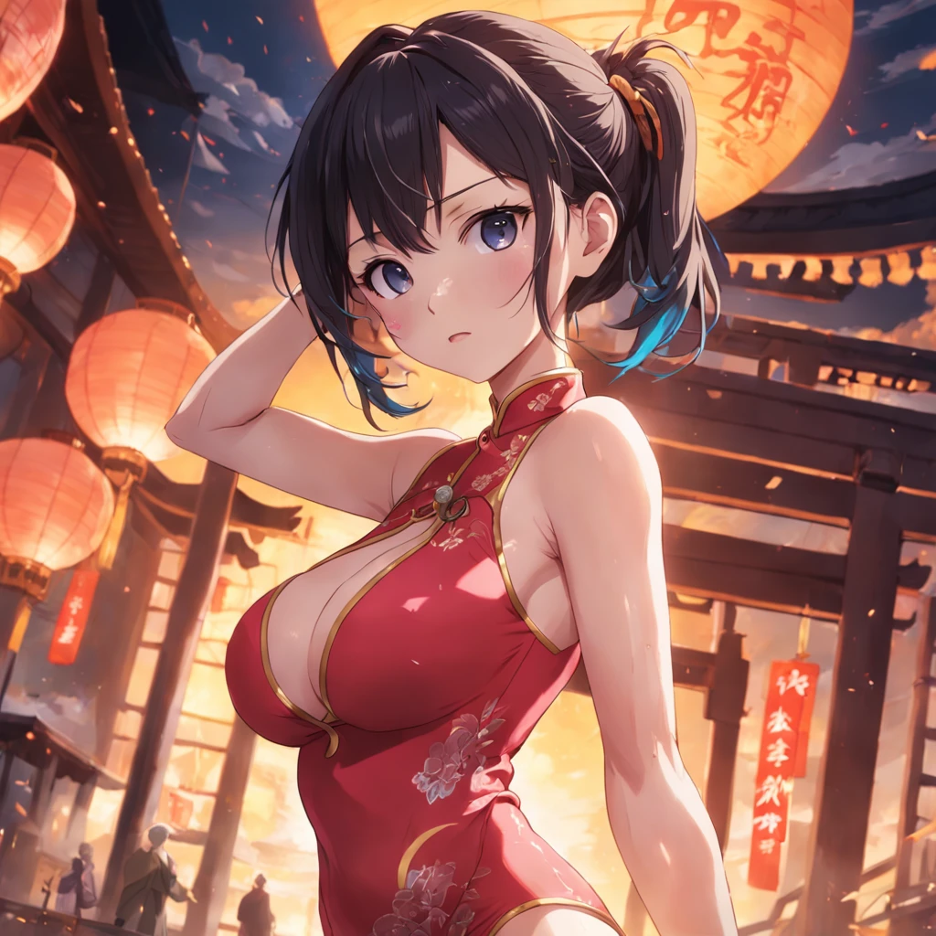wearing tight cheongsam, big breasts, revealing,((ultra hd, masterpiece, 4k hd)), show armpits and boobs, showing , sexy anime girl