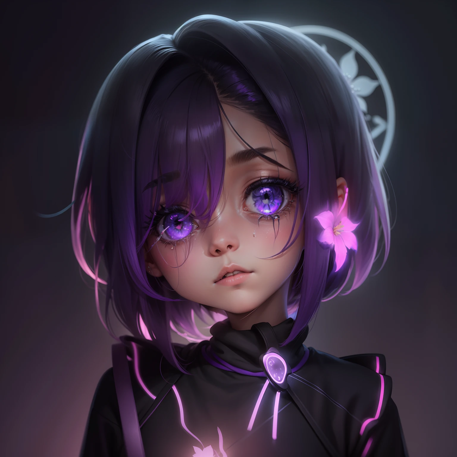 obra-prima, melhor qualidade, uma menina de cabelo roxo, sad crying with tears wearing black hoodie, fundo preto, neon lights, sakura flowers