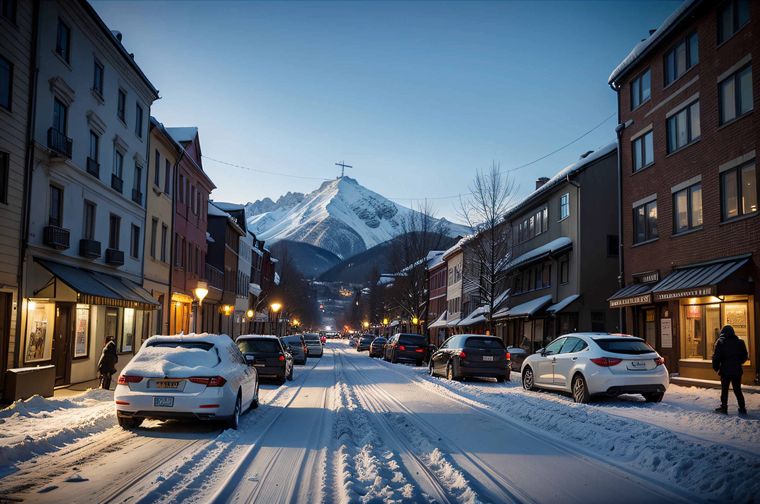 a snowy street with cars parked on it and a street light in the distance with buildings in the background, andrei riabovitchev, winter, a matte painting, neo-romanticism