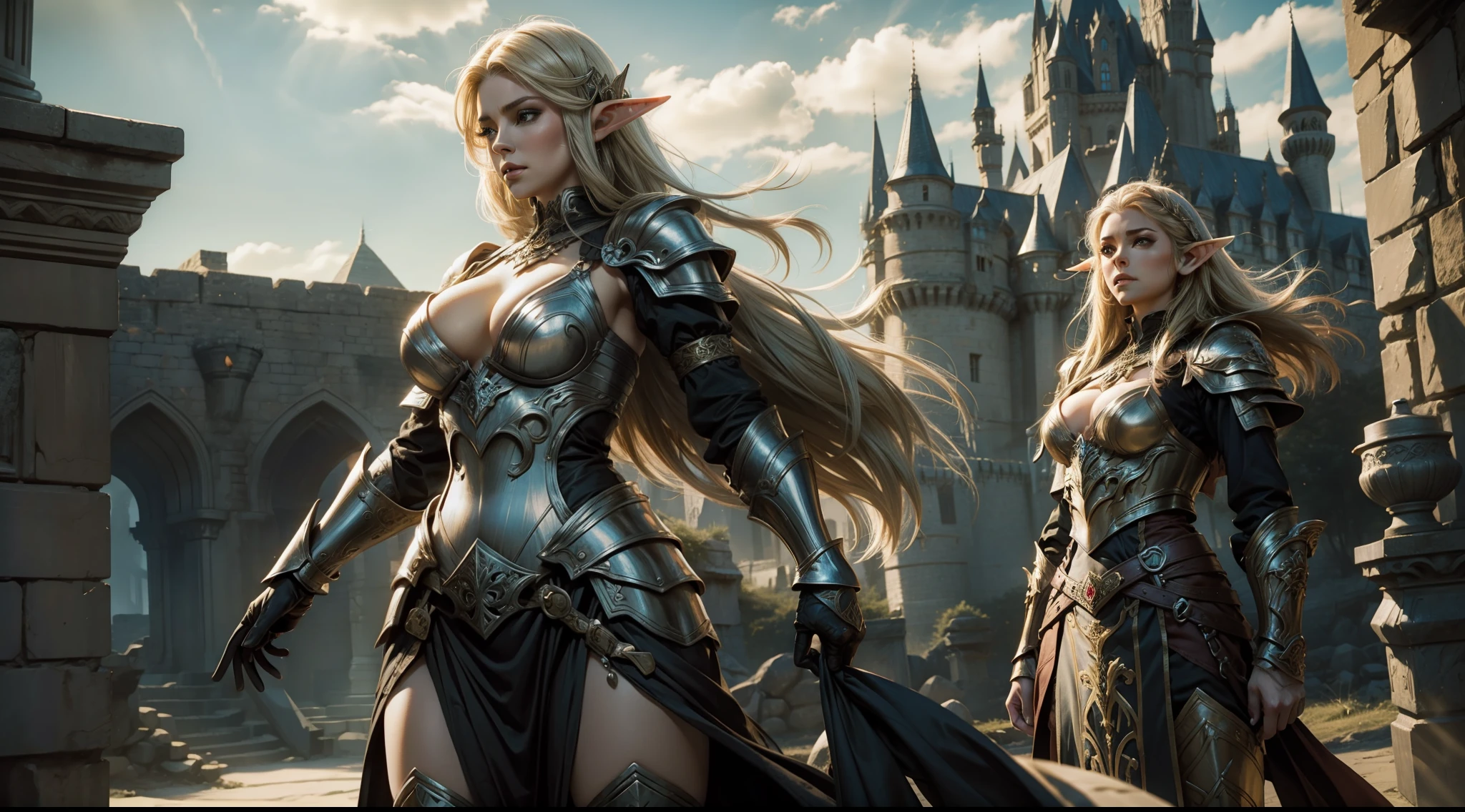Female elf,Large breasts,Gorgeous armor,dramatics,dynamicposes,The background is the castle