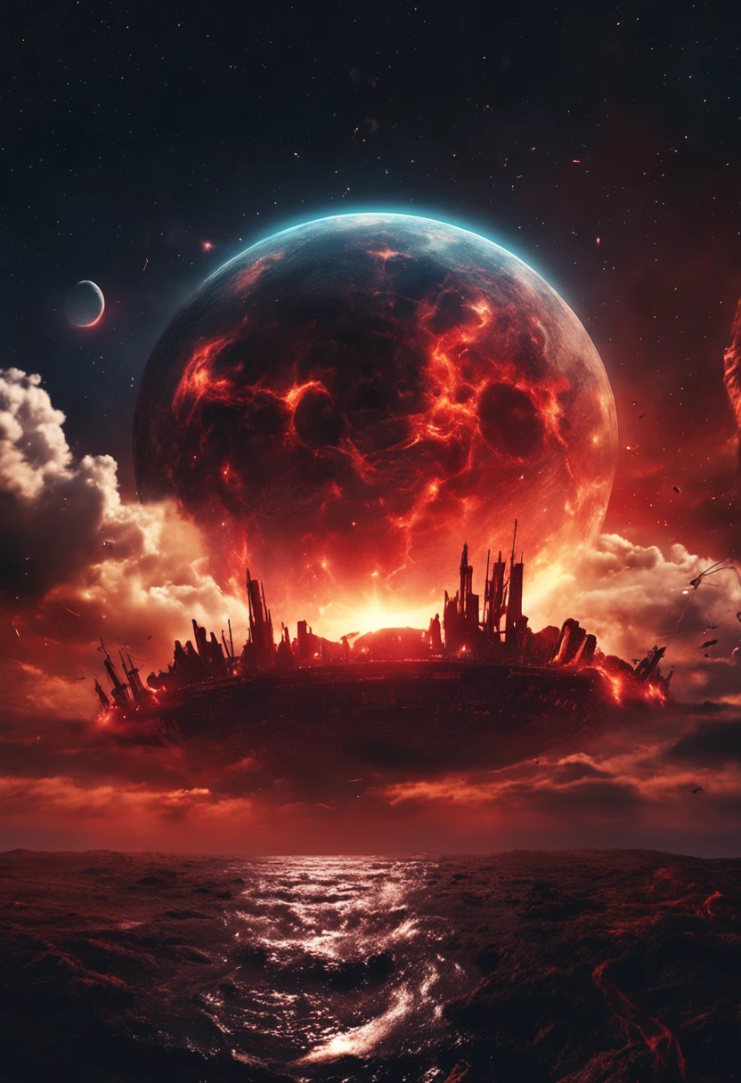 ((best quality)), ((masterpiece)), (dramatic scene), Earth and the sun as sun collapses into a black hole, (apocalyptic lighting:1.3), sun darkening as it implodes, (epic composition:1.2), Earth bathed in red light, (CG animation:1.1), flames and debris being sucked in, (urgent atmosphere:1.2), people fleeing in ships around, (cinematic mood:1.3), nebula clouds and galaxies in background, (high contrast:1.1), (8k resolution:1.0),wujie