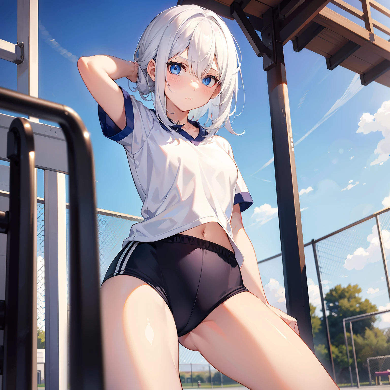 A girl,White hair,eBlue eyes,,(()),Medium hair,gym uniform,On the playground,(hair on one eye),face expressionless,flatchest,Face only,Thin