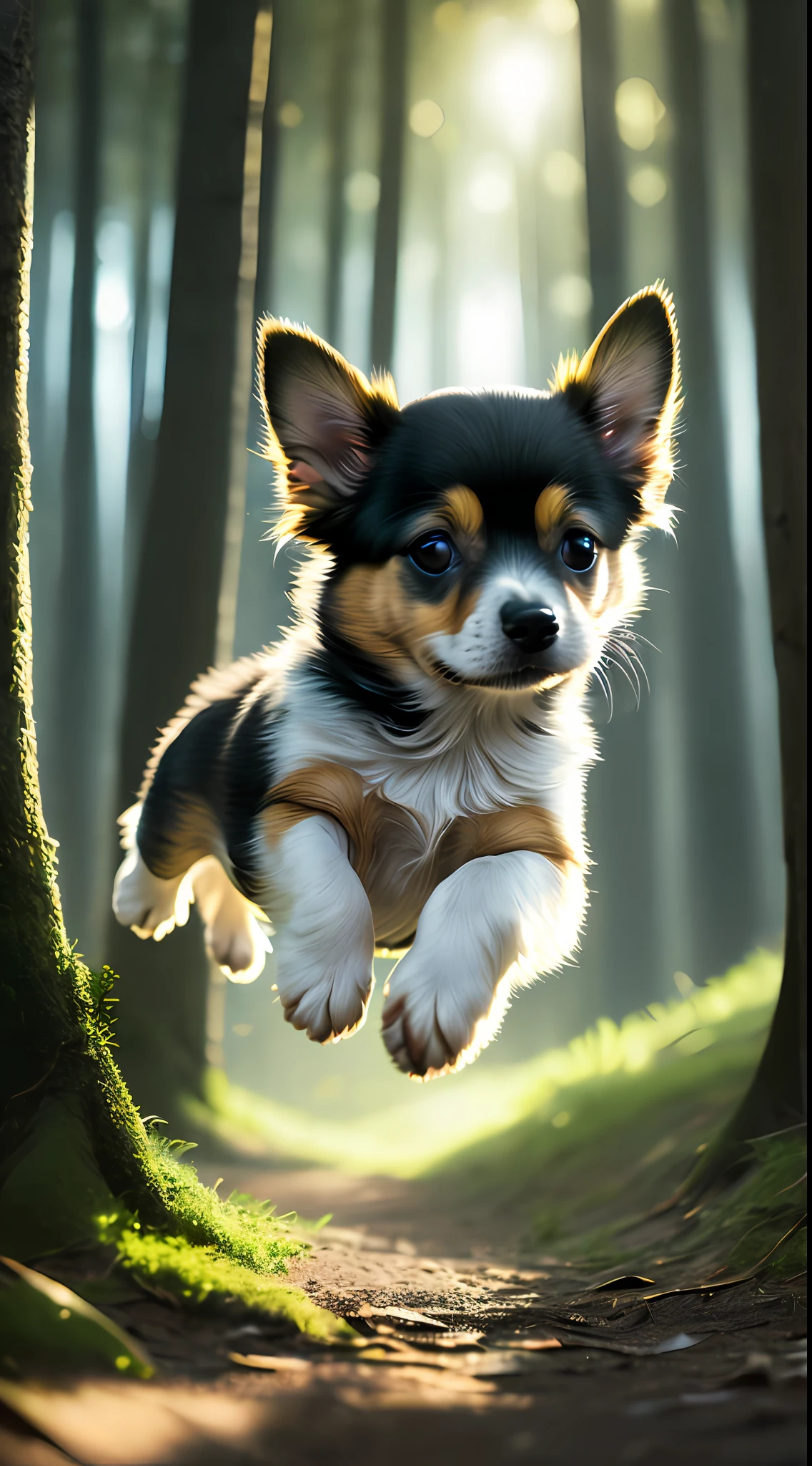 Close-up of a very cute jumping puppy in the forest, soft volumetric light, (backlight: 1.3), (movie: 1.2), intricate details, (ArtStation: 1.3), Rutkowski