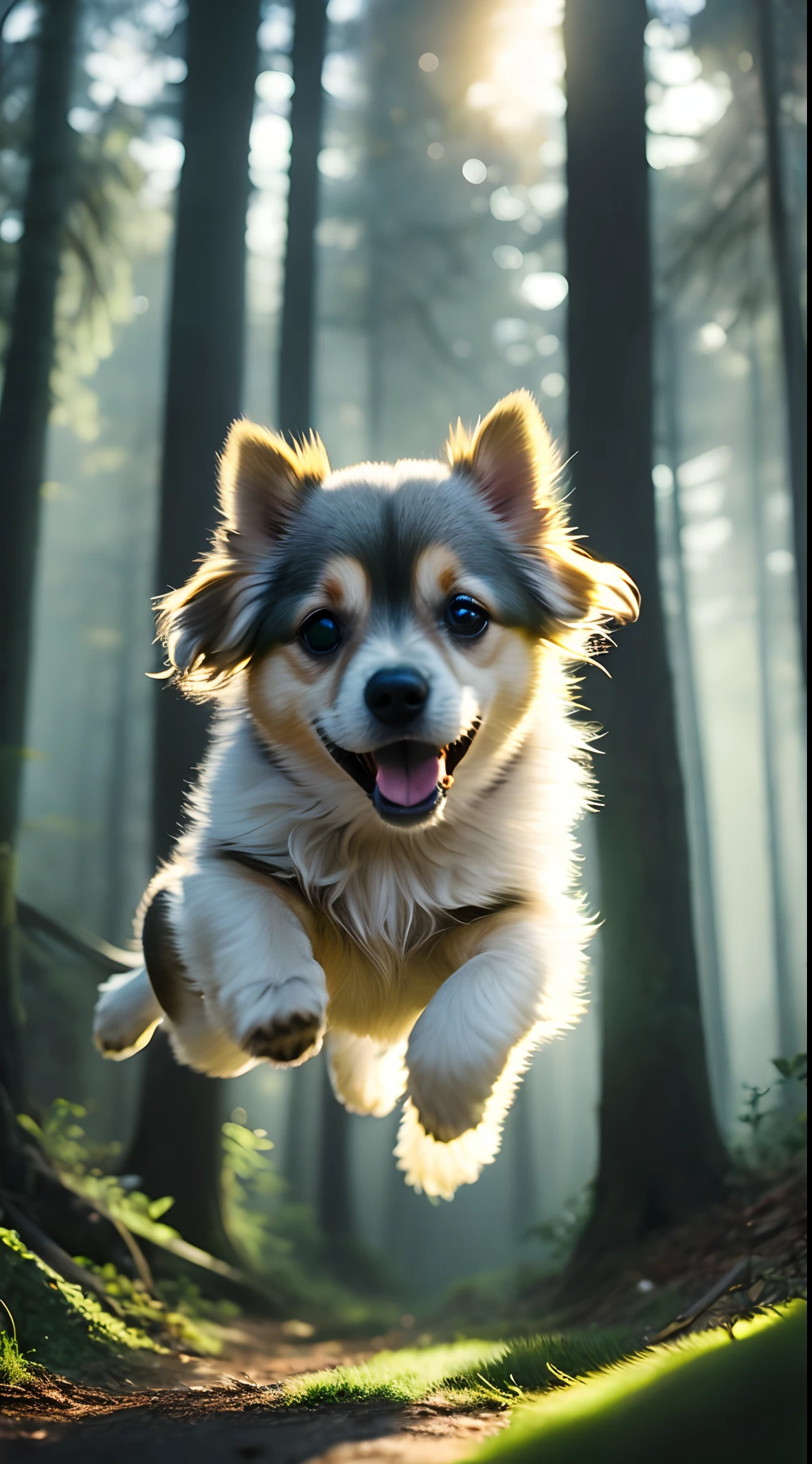 Close-up of a very cute jumping puppy in the forest, soft volumetric light, (backlight: 1.3), (movie: 1.2), intricate details, (ArtStation: 1.3), Rutkowski