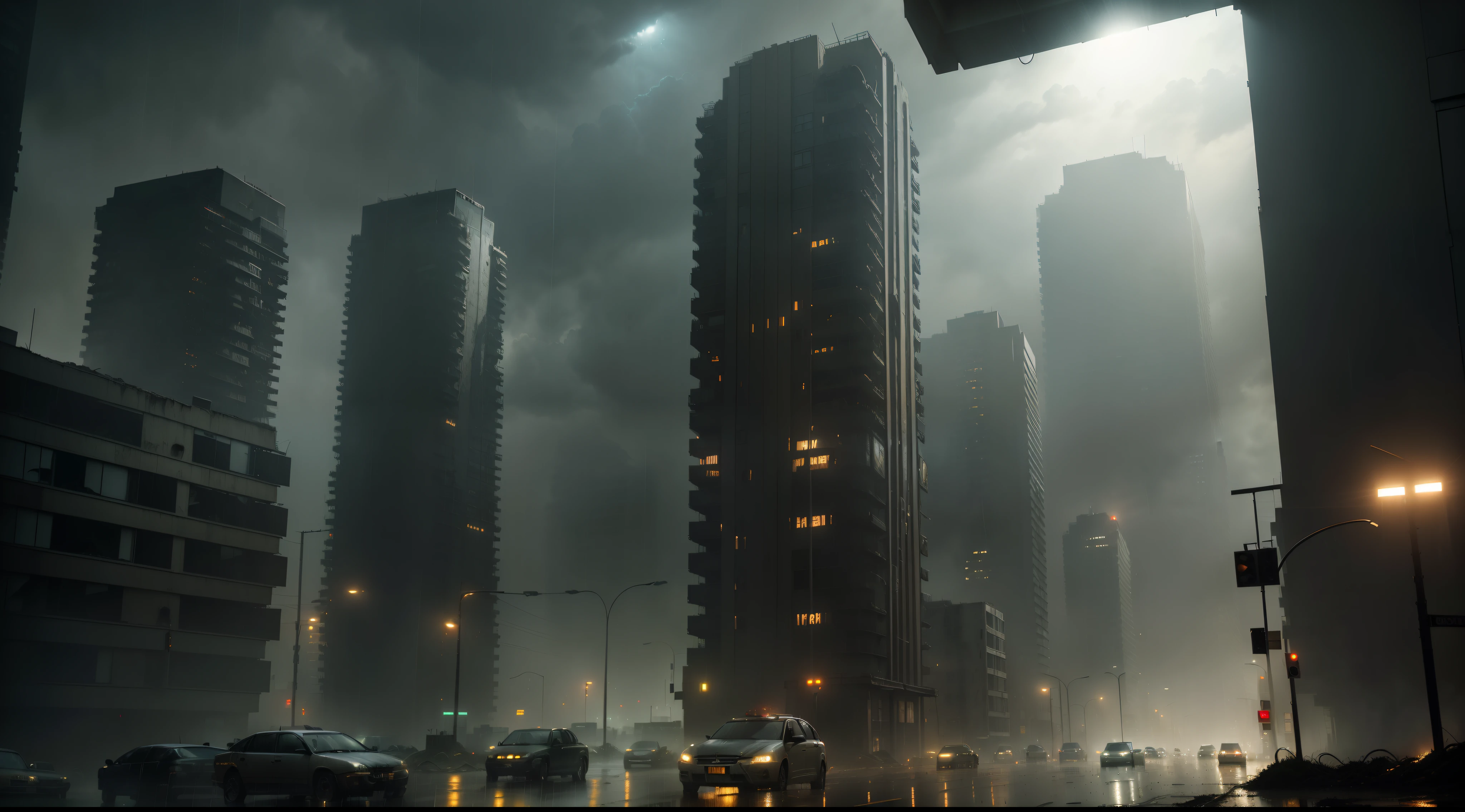 (masterpiece, top quality, 8k, ultra detailed), ((gloomy, post apocalyptic, ghost city)), ((bright sun, rain shower)) foggy, (vines growing on buildings), broken traffic lights, ((cinematic)), cinematic lighting, ((taken on main road, high rise buildings on either sides)),wide angle, (shot taken from low level), greenish-greyish fog