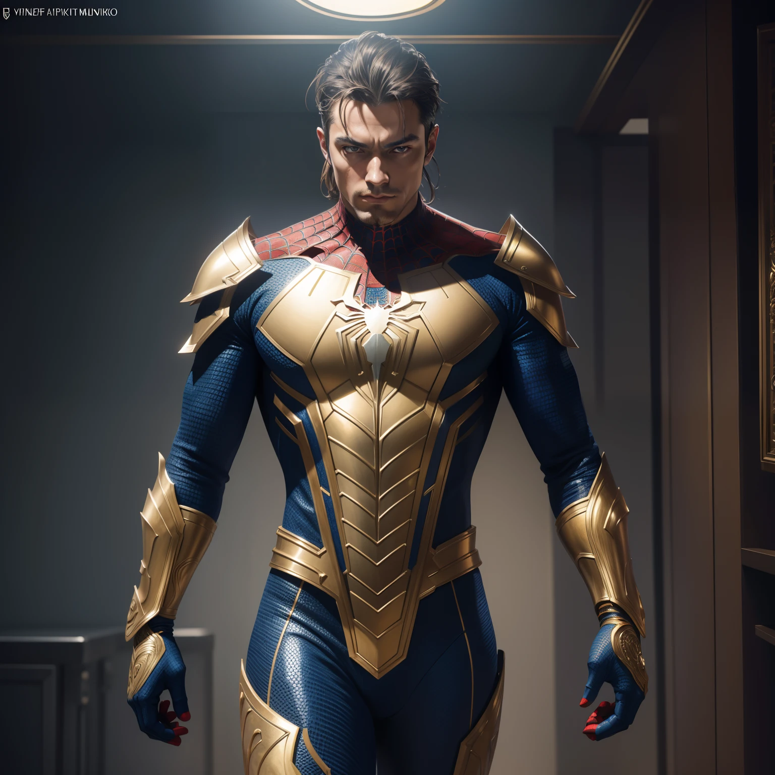 spiderman in a blue gold shiny armor custome full body, cover, hyperdetailed painting, luminism, octane render, Bar lighting, complex, 8k resolution concept art portrait by Martina Fačková and Prywinko Art, Artgerm, WLOP, Alphonse Mucha, Tony Taka, fractal isometrics details, photorealistic face, hypereallistic cover photo awesome full color, hand drawn, bright, gritty, realistic color scheme, davinci, .12k, intricate. hit definition , Beethoven, cinematic,Rough sketch, mix of bold dark lines and loose lines, bold lines, on paper
