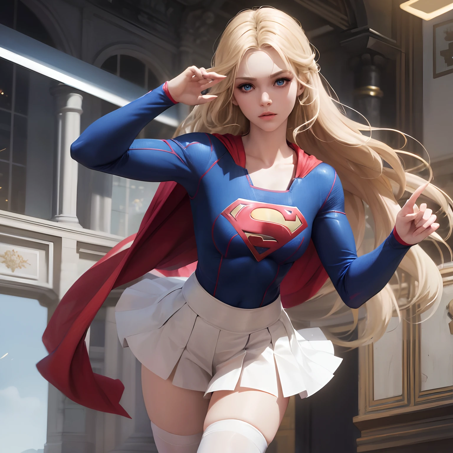 (8k, Supergirl's masterpiece best quality), ultra detail, beautiful thin blue eyes with beautiful details, exquisite face detailed, high quality, high resolution, beautiful hairstyle, realistic eyes, beautiful blue eyes detailed, blonde with long hair (realistic skin), facing the audience, girl wearing sexy low-cut costume, with superman letter S, medium breasts, short skirt, lock,  ruins, unique, empty eyes, expressionless, blonde hair, short, mechanical prosthetics, thick legs, sexy, unreal 5, Full-shot Angle, sexy.