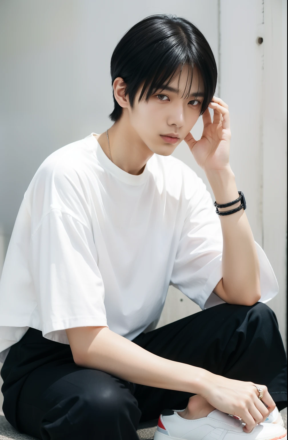 Portrait of a 25-year-old Japan man。He has a modal fashion sense.、Wearing white oversized shirt and black skinny pants in casual scene in spring summer。The hairstyle is sleek with side parts。Hair color is black。Black slip-ons at feet。Simple black leather bracelet at arm.。