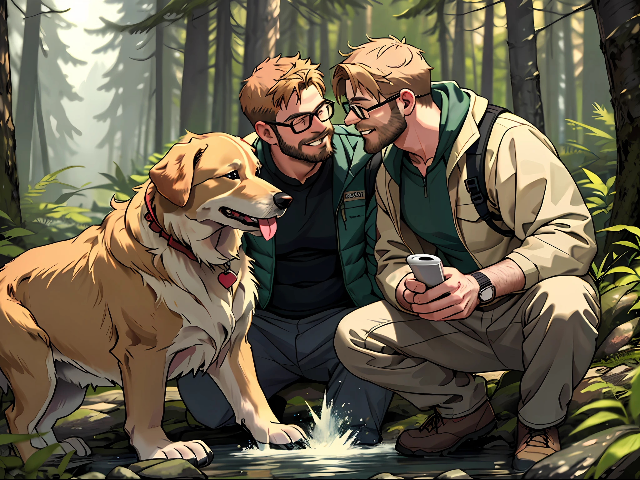 a man with a beard and a golden retriever dog, hiking clothes, wearing glasses, in the forest, the dog licking the man's face, the well detailed, face focus, happy smile, heart-warming