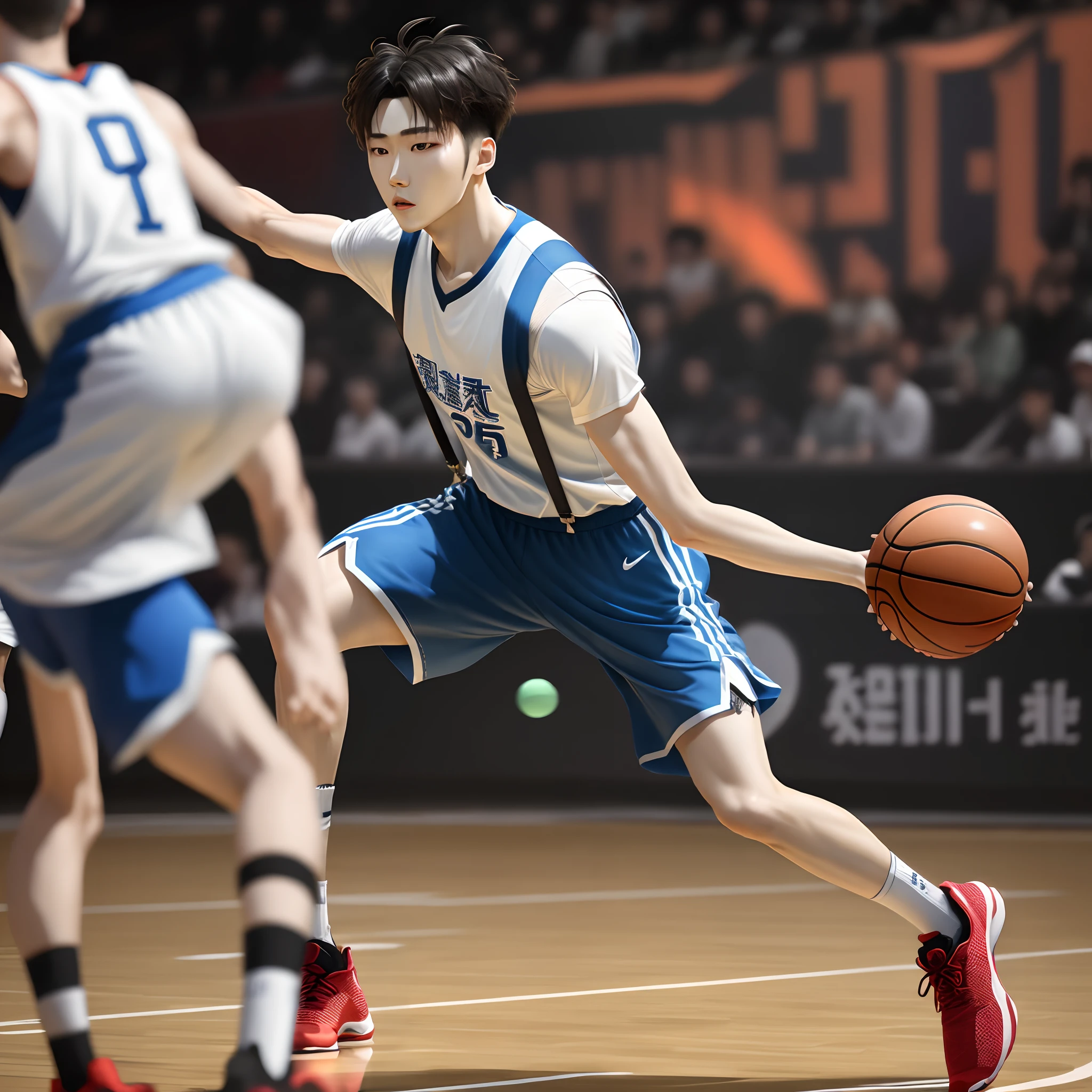 Cai Xukun is wearing suspenders，Basketball in hand