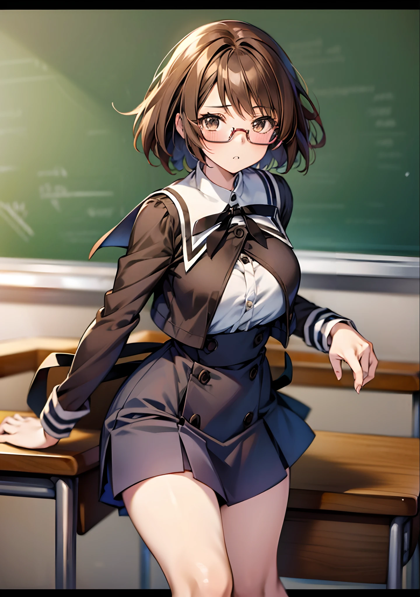 solo, (((anime girl with short brown hair))), (glasses), (hazel eyes), shy, school uniform, skirt, ((classroom in background)), ((high quality)), (extremely detailed)