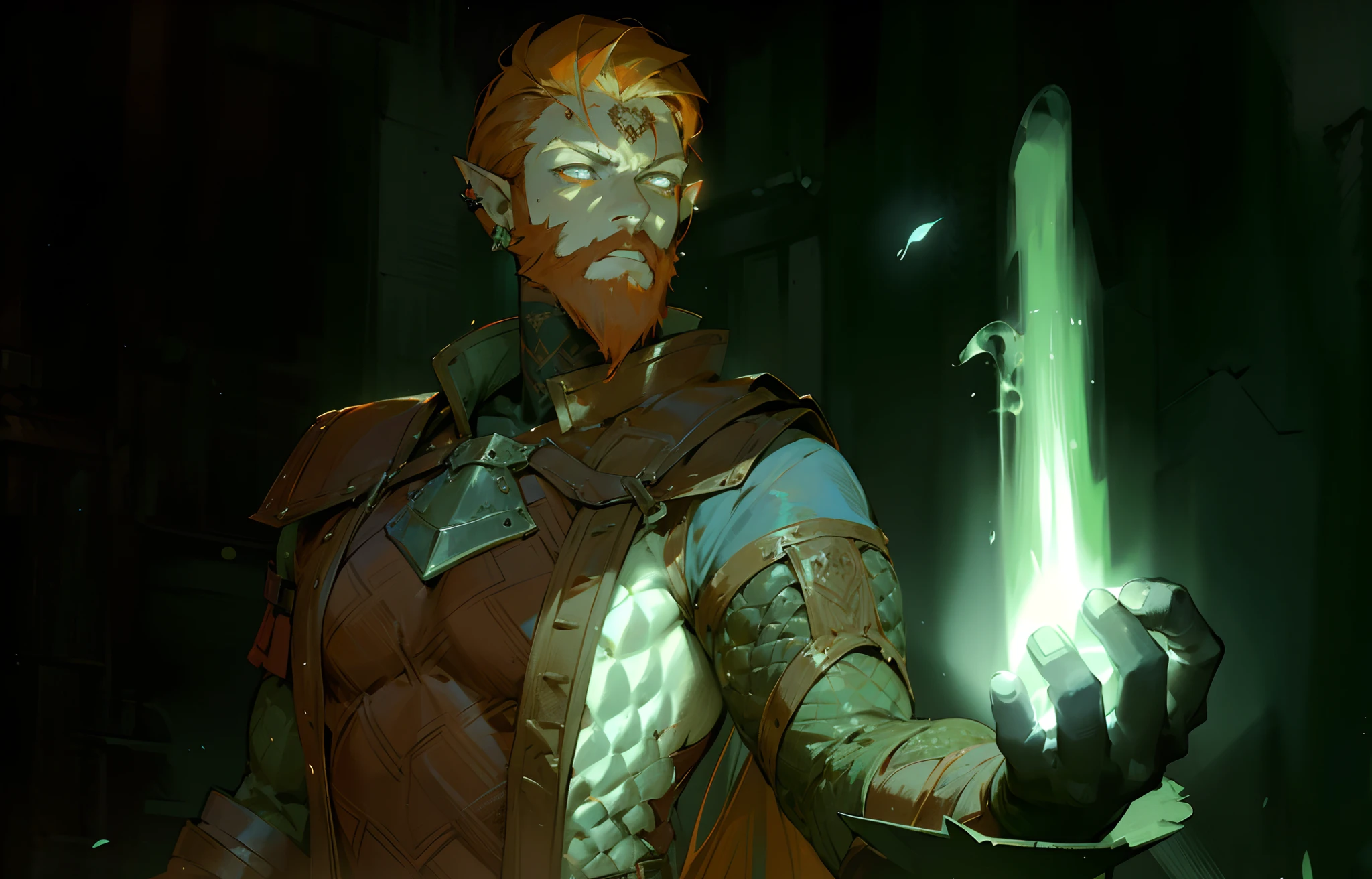 There is a man with a beard and a red beard, fiery red hair, reddish beard, red beard, character close up, character close up, New character, ultra detailed content, Leather scaly armor, fantasy character art, dnd, s face,black tattoo on the neck, His face is a little covered in blood, rpg game, close up character, Portrait of a male half-elf, Male character, spiky orange hair, full beard, intensely detailed, white eyes with green light, gloweyes, green light, ear piercings, Magic fire in your hands, The fire is green, Magic