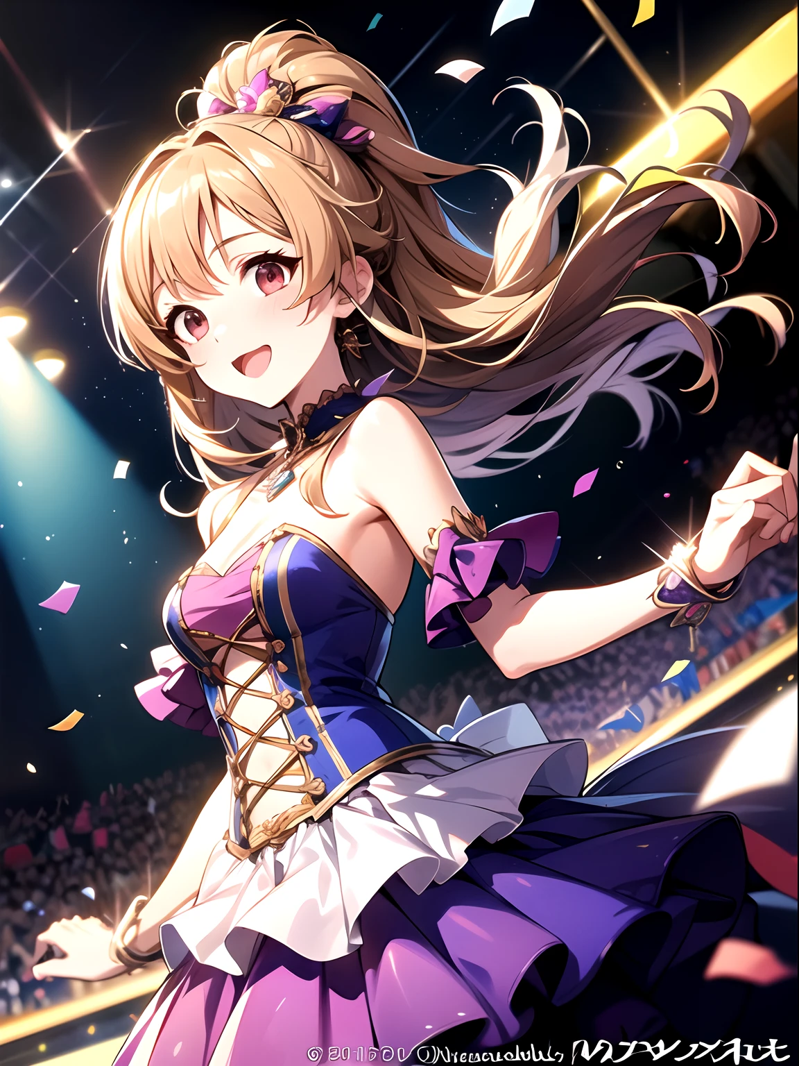 Idol girl in dress dancing on stage with confetti, a photo by Kamagurka, Pixiv Contest Winner, conceptual art, nightcore, splash art anime loli, sparkling magical girl, best anime 4k konachan wallpaper, anime moe art style, Detailed key anime art, official artwork, idolmaster, Cute, Cute in dress