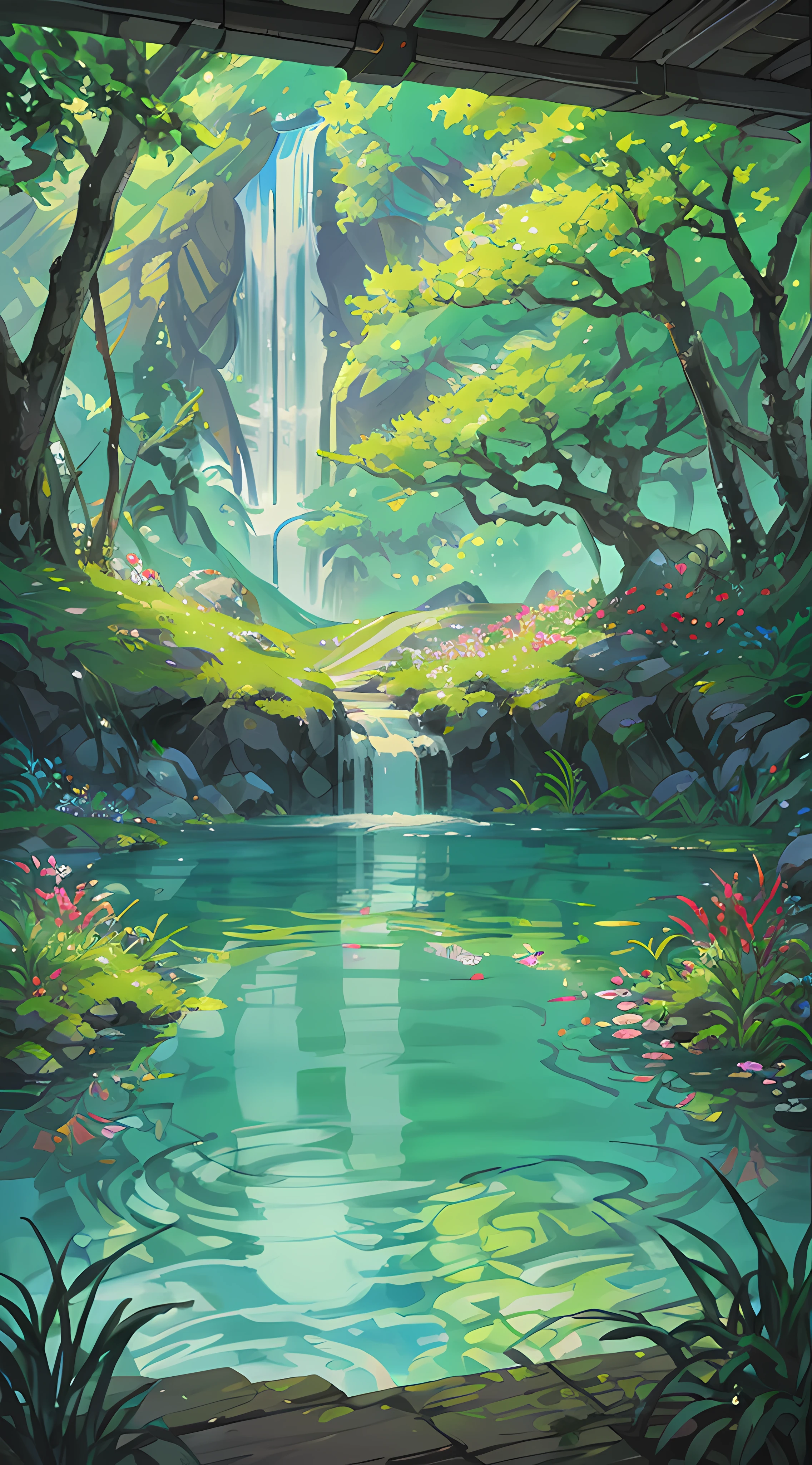 Chinese ancient times, spring, jungle, lake, cave, waterfall, tree, meadow, rock, deer, hot spring, water vapor, (illustration: 1.0), epic composition, realistic lighting, HD details, masterpiece, best quality, (very detailed CG unified 8k wallpaper)