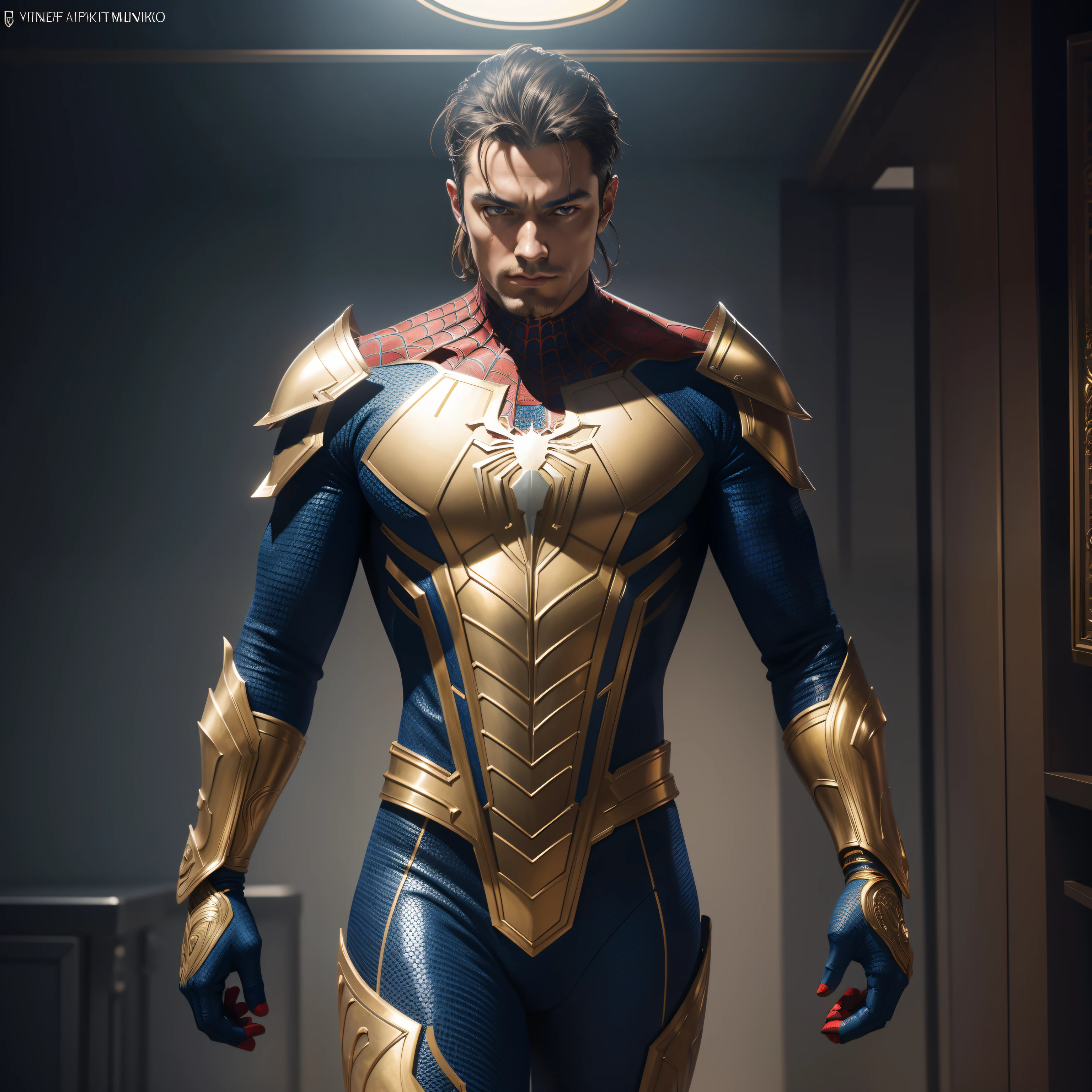 spiderman in a blue gold shiny armor custome full body, cover, hyperdetailed painting, luminism, octane render, Bar lighting, complex, 8k resolution concept art portrait by Martina Fačková and Prywinko Art, Artgerm, WLOP, Alphonse Mucha, Tony Taka, fractal isometrics details, photorealistic face, hypereallistic cover photo awesome full color, hand drawn, bright, gritty, realistic color scheme, davinci, .12k, intricate. hit definition , Beethoven, cinematic,Rough sketch, mix of bold dark lines and loose lines, bold lines, on paper