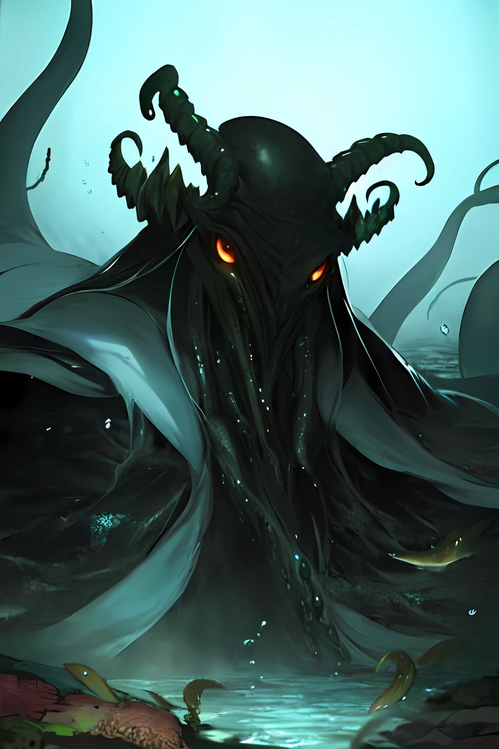 Cthulhu,Monster,(tentaculata:1.35)，A polluted underwater world，Gloomy picture，(Nuclear contamination:1.35)，（face:1.35）,（sarcoma：1.35）