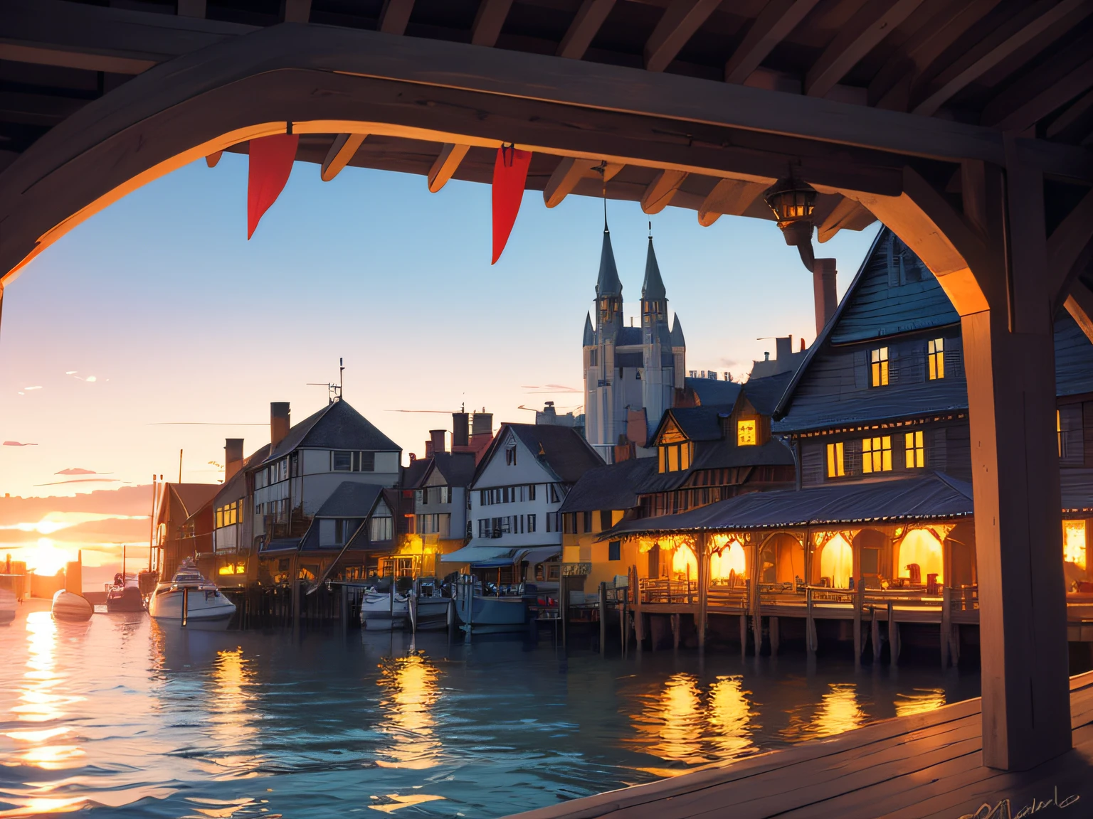 eventide，the sunset，jetty，the ocean，Medieval architecture，Bunting，（medieval times）Boating，adolable