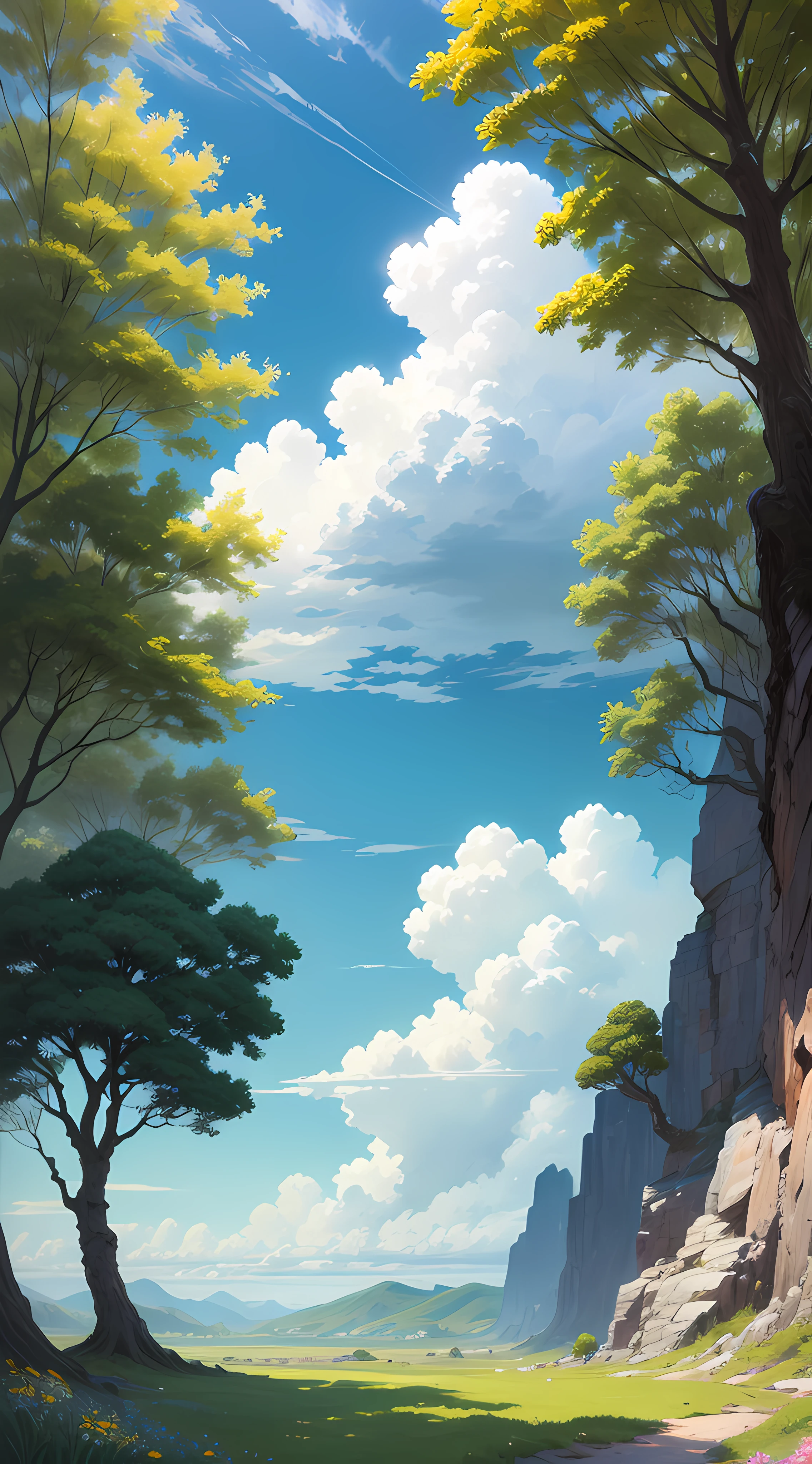 Realistic, authentic, beautiful and amazing landscape oil painting Studio Ghibli Hayao Miyazaki's petal grassland with blue sky and white clouds --v6