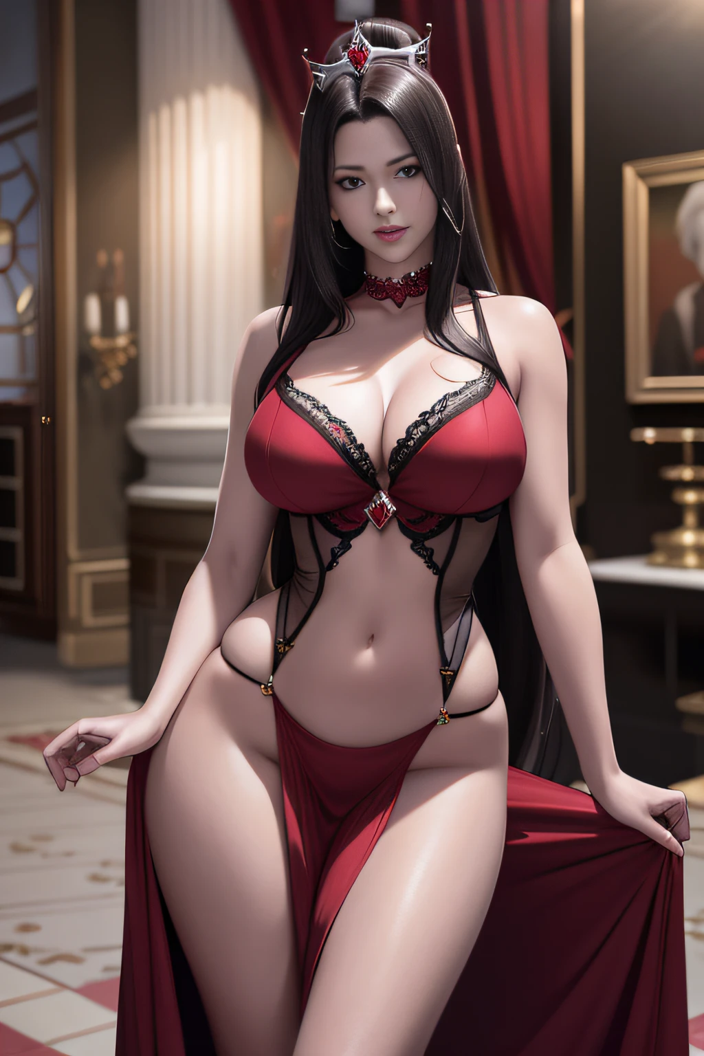 Girl in red dress and crown poses for a photo, alluring tipha lockhart portrait, seductive anime girls, beautiful and seductive anime woman, Tifa Lockhart, photorealistic perfect body, a beautiful fantasy empress, full-body xianxia, Charming Tifa Lockheart, ff Tifa, Seductive. Highly detailed, very sexy outfit, ((a beautiful fantasy empress))