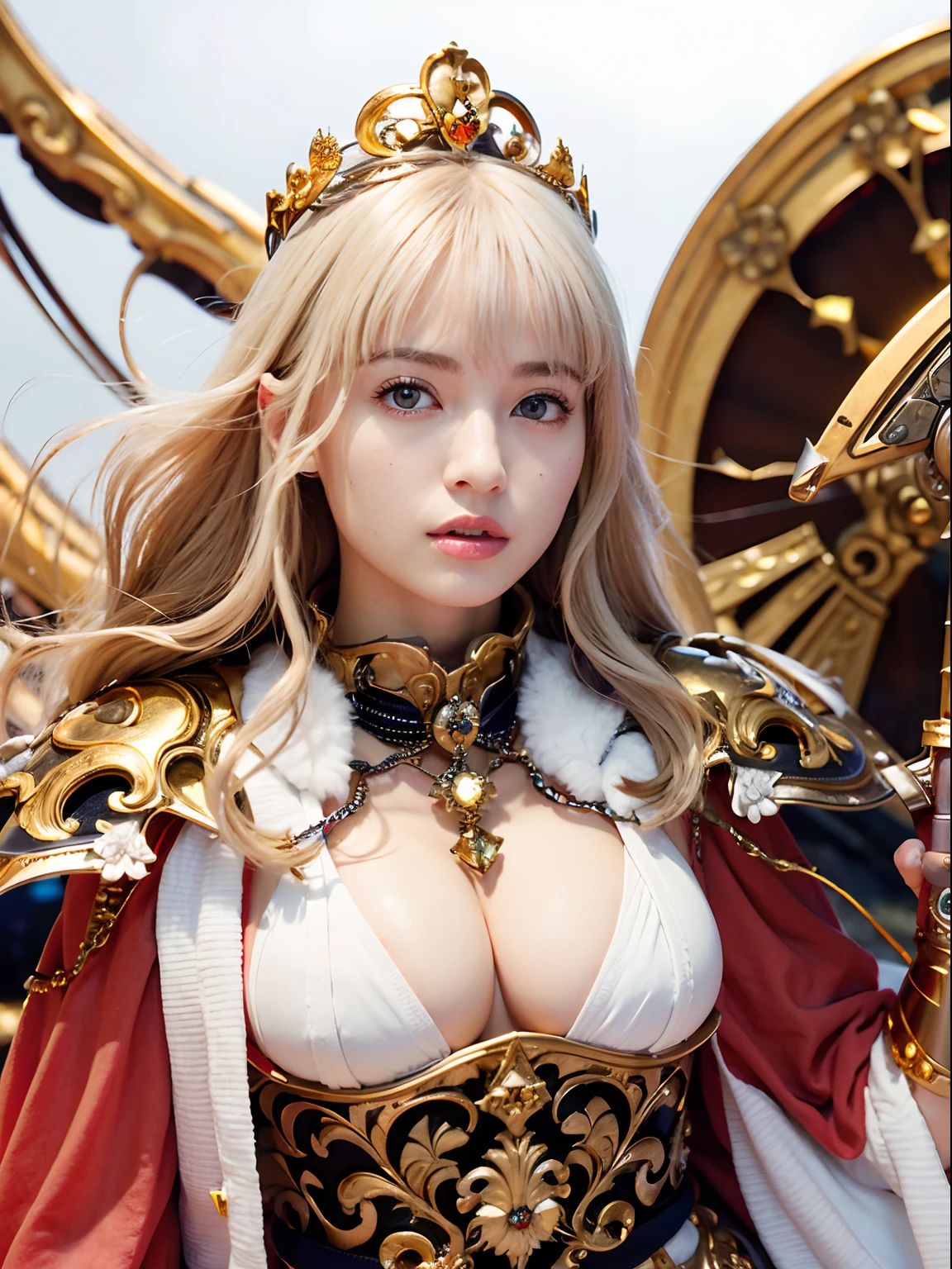 (masutepiece), Professional , masterpiece、top-quality、photos realistic , depth of fields (Gemstone White Metal Body:1.9),(Matte White、Jewel Gold Weapon(Jewel Metal Body:1.4),Gorgeous metal weapons ,(( Detailed and gorgeous sword of the brave)) , Beautiful knife ,warhammer 40k , adepta sororitas,Detail and ornate jewel crown、((Golden hair))、((Gangle's forest background))、Beautiful Caucasian beauty、1a person、dynamic ungle,(((Detailed and ornate diamond crown)))、Smaller head、A smile、Background inside the castle、Thin and beautiful female hands、cleavage of the breast、Soldier in iron armor on background、Mystical expression、Light Effects、intense fighting、Wind-effect、magic circles、With the legendary magic wand、(wings of light)、