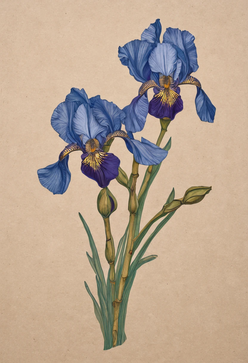 artwork of irises with a trefoil, in the style of vik muniz, dark beige and blue, naïve drawing, maya lin, kintsugi, rug, shaped canvas