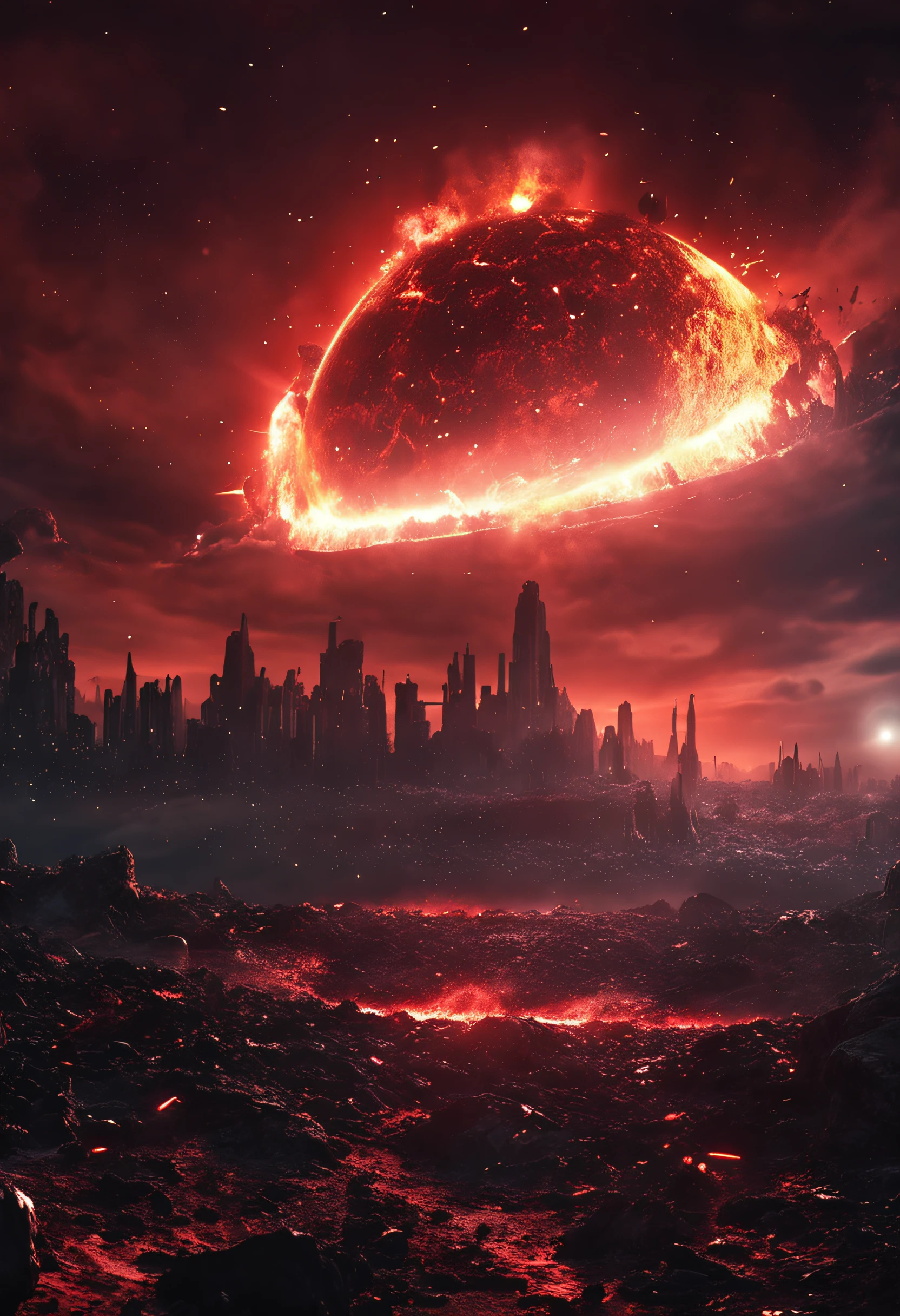 ((best quality)), ((masterpiece)), (dramatic scene), Earth and the sun as sun collapses into a black hole, (apocalyptic lighting:1.3), sun darkening as it implodes, (epic composition:1.2), Earth bathed in red light, (CG animation:1.1), flames and debris being sucked in, (urgent atmosphere:1.2), people fleeing in ships around, (cinematic mood:1.3), nebula clouds and galaxies in background, (high contrast:1.1), (8k resolution:1.0),wujie
