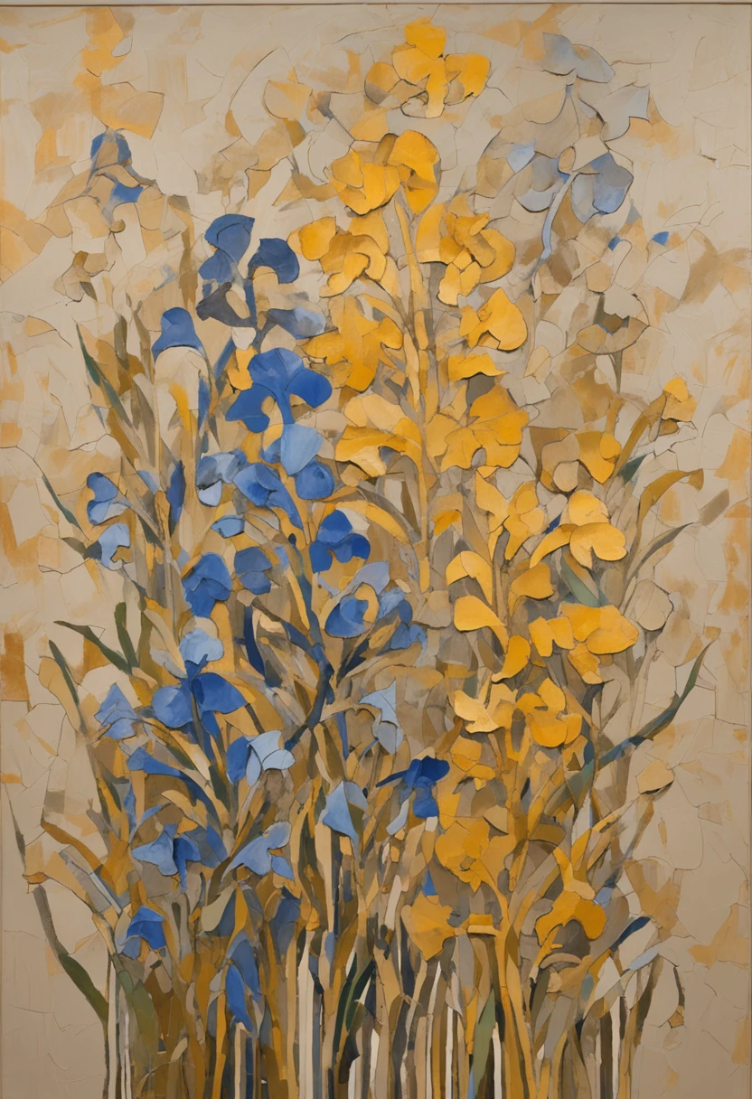 artwork of irises with a trefoil, in the style of vik muniz, dark beige and blue, naïve drawing, maya lin, kintsugi, rug, shaped canvas