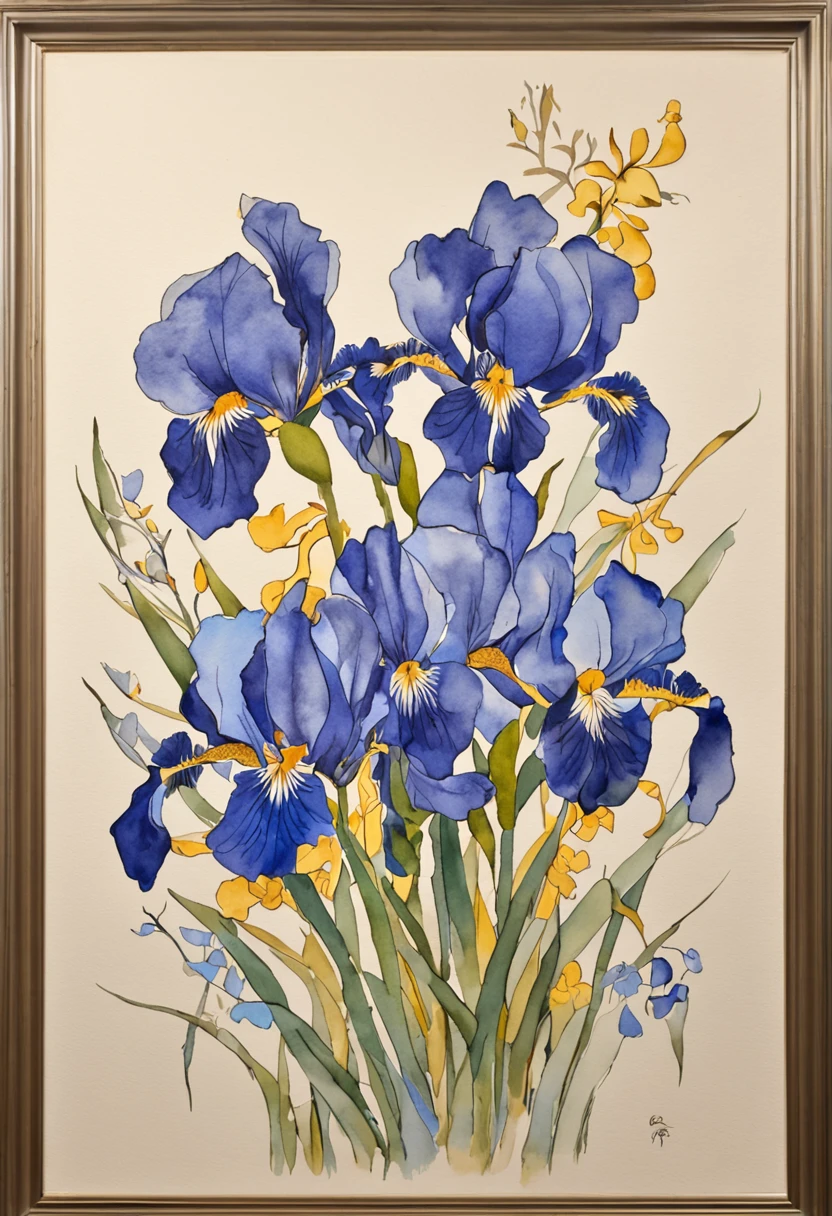 artwork of irises with a trefoil, in the style of vik muniz, dark beige and blue, naïve drawing, maya lin, kintsugi, rug, shaped canvas