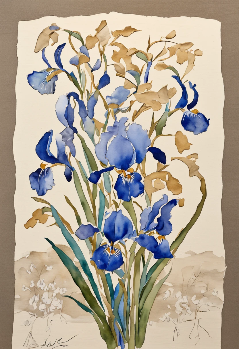 artwork of irises with a trefoil, in the style of vik muniz, dark beige and blue, naïve drawing, maya lin, kintsugi, rug, shaped canvas