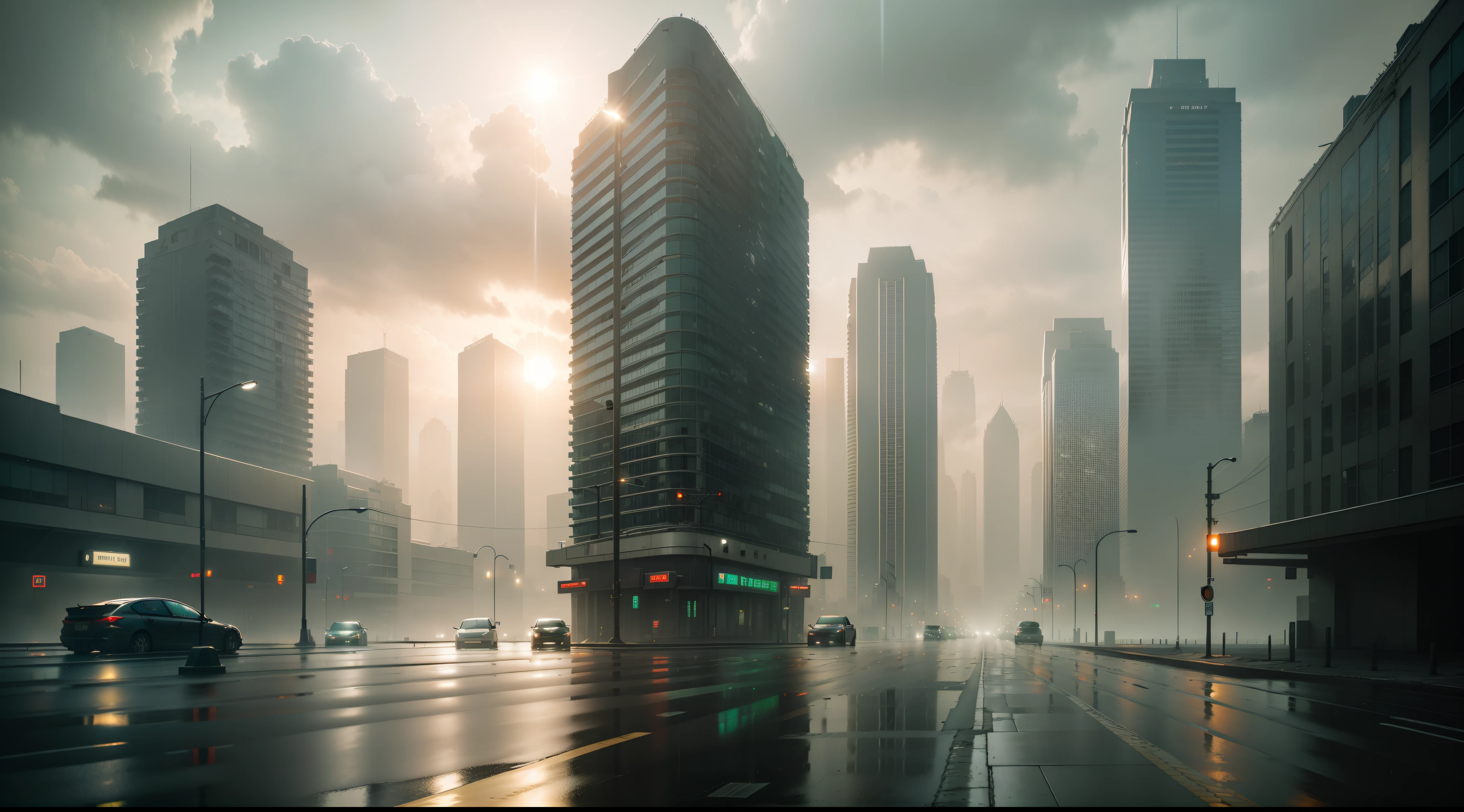 (masterpiece, top quality, 8k, ultra detailed, god rays, ray traced), ((gloomy, post apocalyptic, ghost city)), ((bright sun, rain shower)). ((no cars, no humans)), foggy, (vines growing on buildings), (broken traffic lights), ((cinematic)), cinematic lighting, ((taken on main road, high rise buildings on either sides)),wide angle, (shot taken from low level), greenish-greyish fog, ((no cars)), empty street