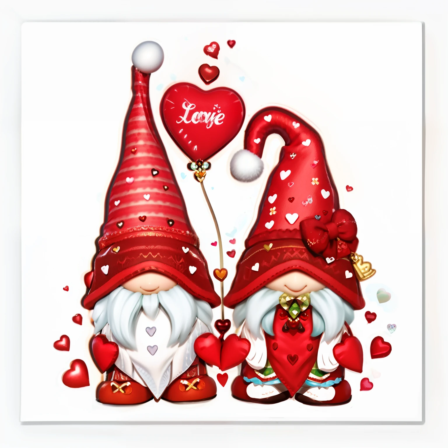 Close-up of two gnomes,There are hearts on a white background, author:Elaine Hamilton, vd, gnome, In love, red hearts, Essie, Very cute, cute artwork, author:Valentine Hugo, Romantic!!!, author:Kitty newspaper, author:Judy Takacchi, cute illustration, cheerfulness, cute cute, Elves, cute couple, fantasy fox love