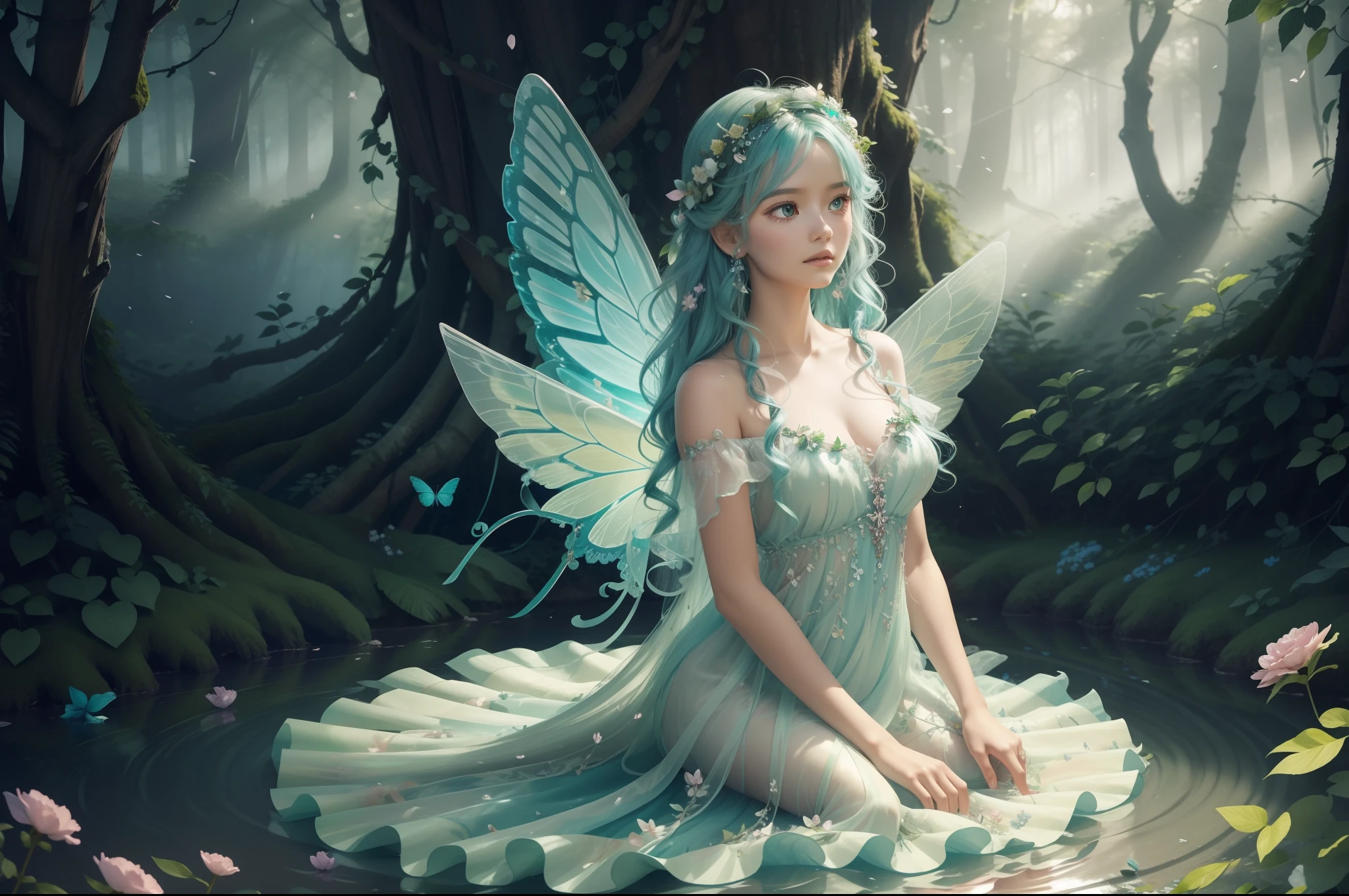 A young fairy in vortex of falling flowers and leaves. Butterfly like Wings. She wears a multilayered ruffled dress in light  pink transparent fabric with silver and aquamarine embellishments. Long messy wavy hair in teal colour. She is merging from a swirl of multicoloured varieties of flowers and leaves of different shapes and tones of green. Magical flowery forest as background, clear day, sunny, light filtering through the trees. Photorealistic.