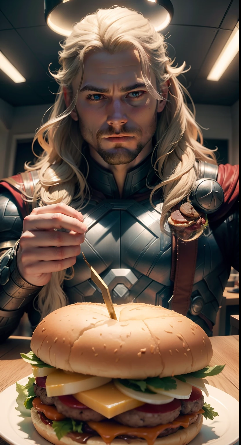 "Thor savoring a delectable handburger, depicted in a lifelike and immersive frontal perspective."