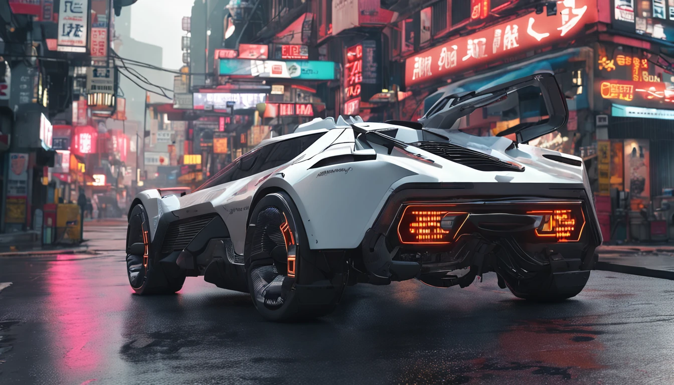 The electric car of the future、top-quality, tmasterpiece, A picture, 4K, Photorealist, The is very detailed, 3D map, techwear outfits, cyber punk city, Solo, Futuristic, Black and white, author：Akira Toriyama, bladerunner、Akira