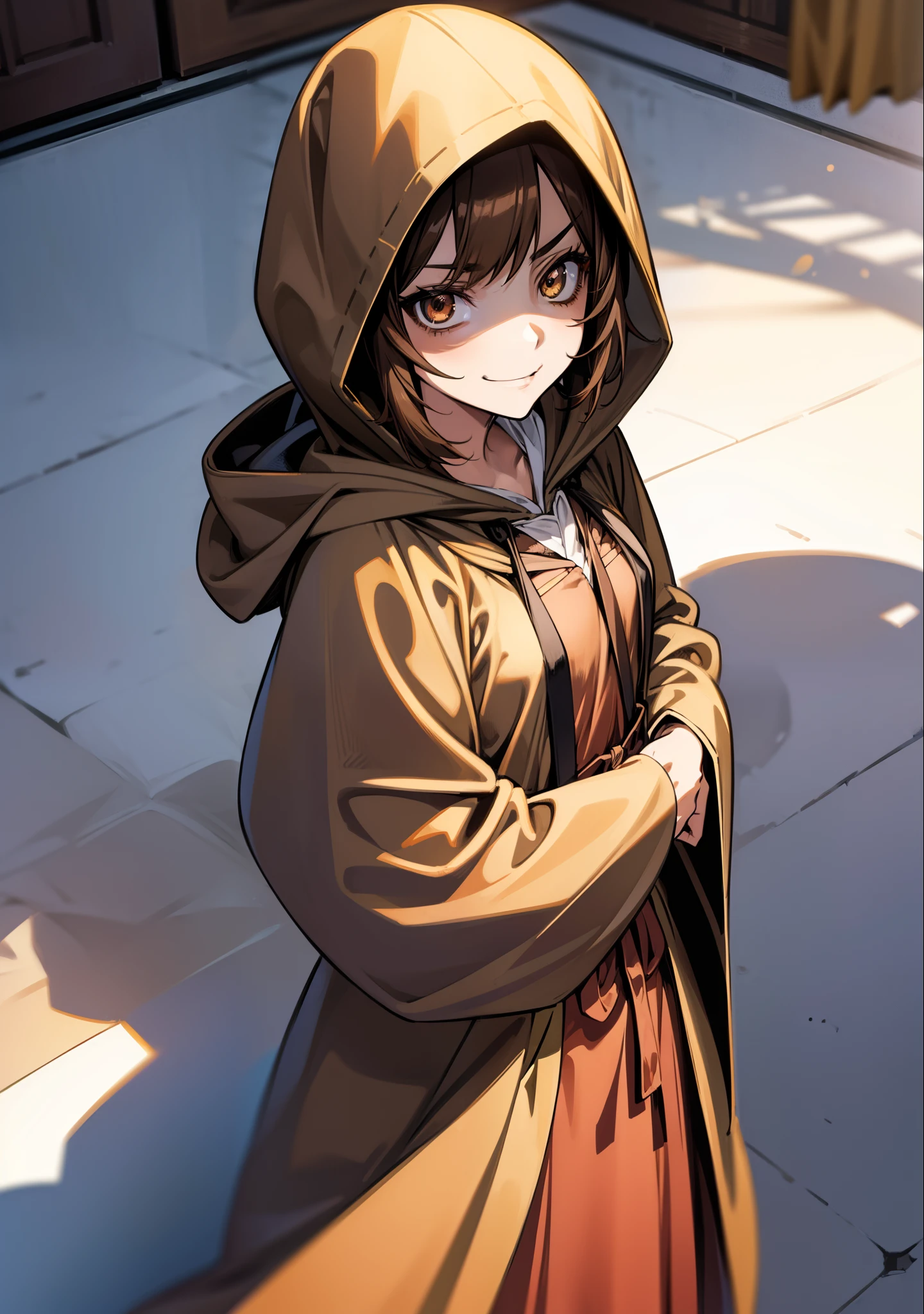 solo, (((anime girl with short brown hair wearing hooded robes))), (hazel eyes), (evil smirk), (shadows over eyes), ((high quality)), (extremely detailed)
