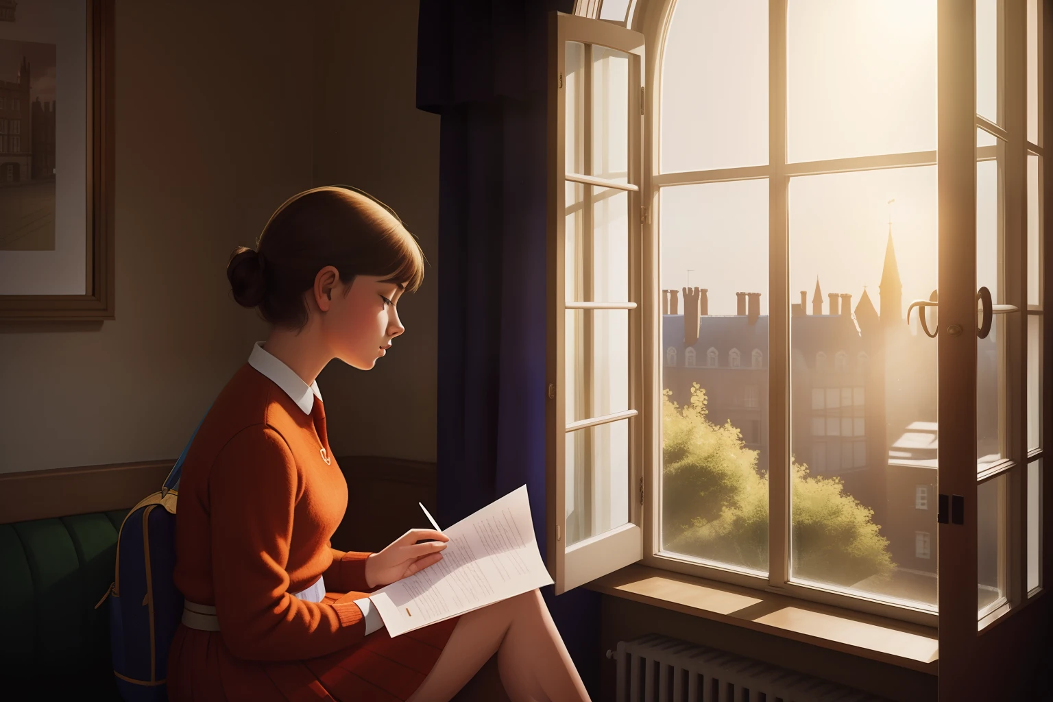 Date: 1967
Location: United Kingdom
Description: A ager reads a letter by a sunlit English window, her introspective expression reflecting the weight of the words and the passage to adulthood.