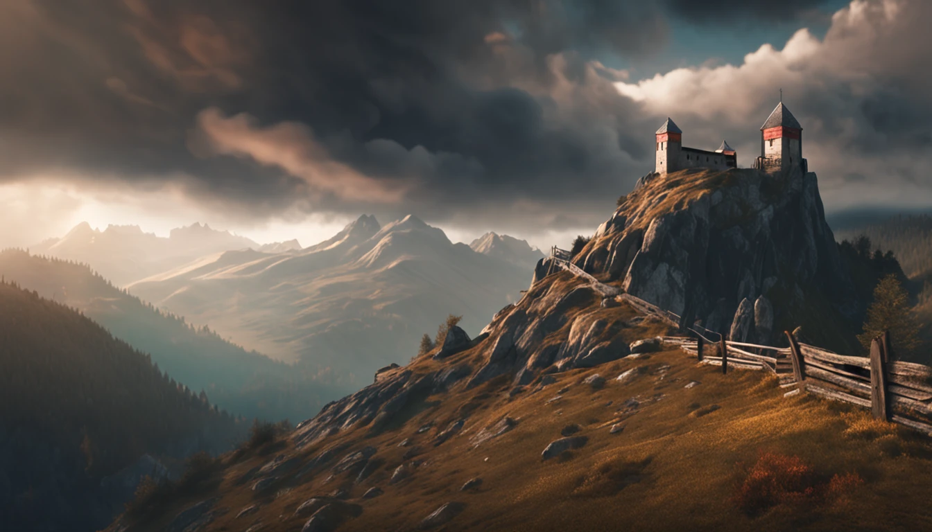 mountain pass with european wooden fort under storming sky, photorealism, cinematic lighting