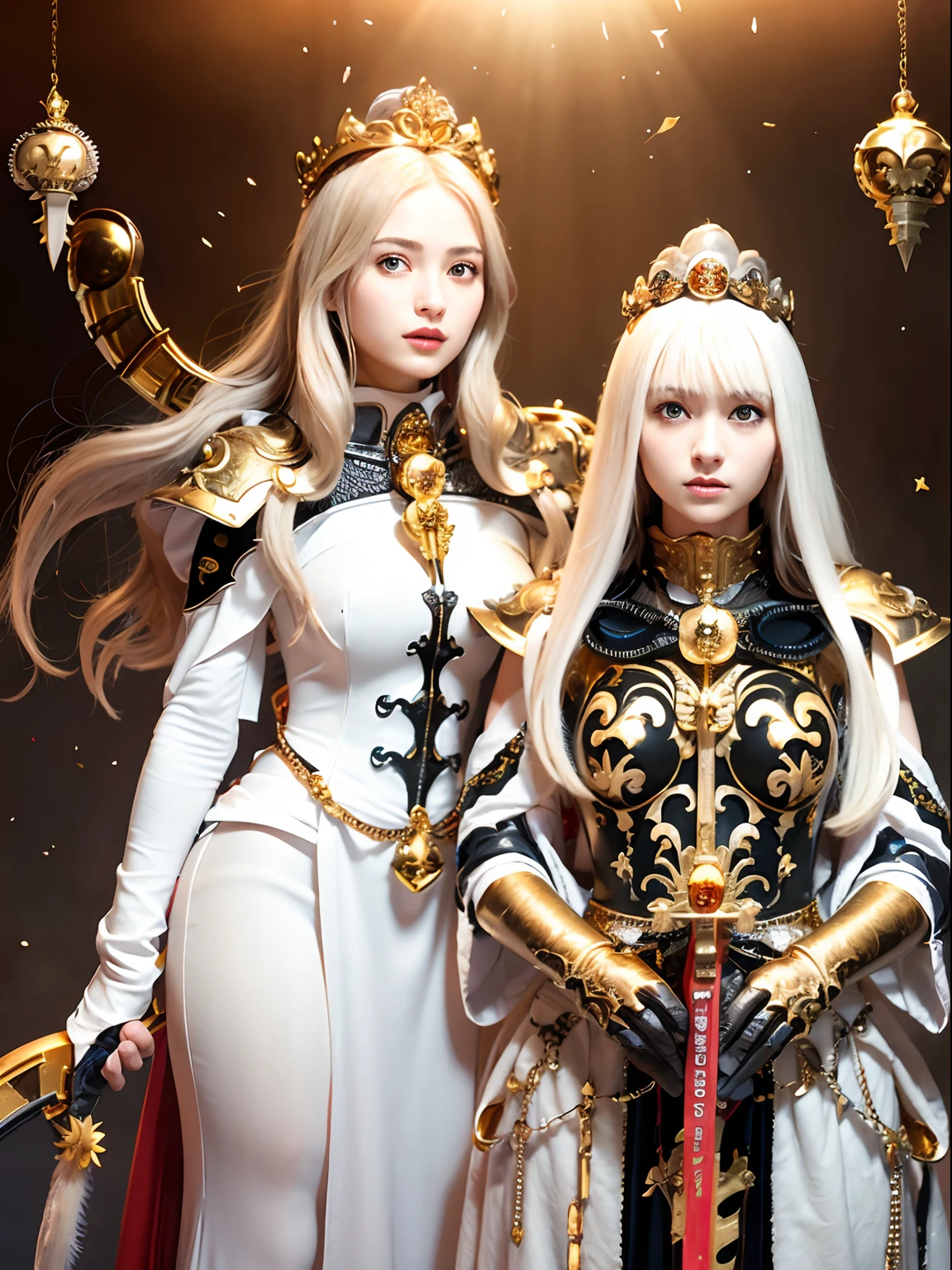 (masutepiece), Professional , masterpiece、top-quality、photos realistic , depth of fields (Gemstone Silver Metal Body:1.9),(Matte White、Jewel Gold Weapon、(Flying in the sky),Gorgeous metal weapons,(Detailed and realistic angel white wings) , Detailed Sword of the Brave , Beautiful knife 、delicated face、20 years girl ,warhammer 40k , adepta sororitas,Detail and ornate jewel crown、a blond、(Gangle's forest background)、Beautiful Caucasian beauty、1a person、dynamic ungle,(((Detailed and ornate diamond crown)))、Smaller head、A smile、Powerful poses、(Gorgeous castle background)、Beautiful thin fingers of a woman、cleavage of the breast、beautiful fairies、