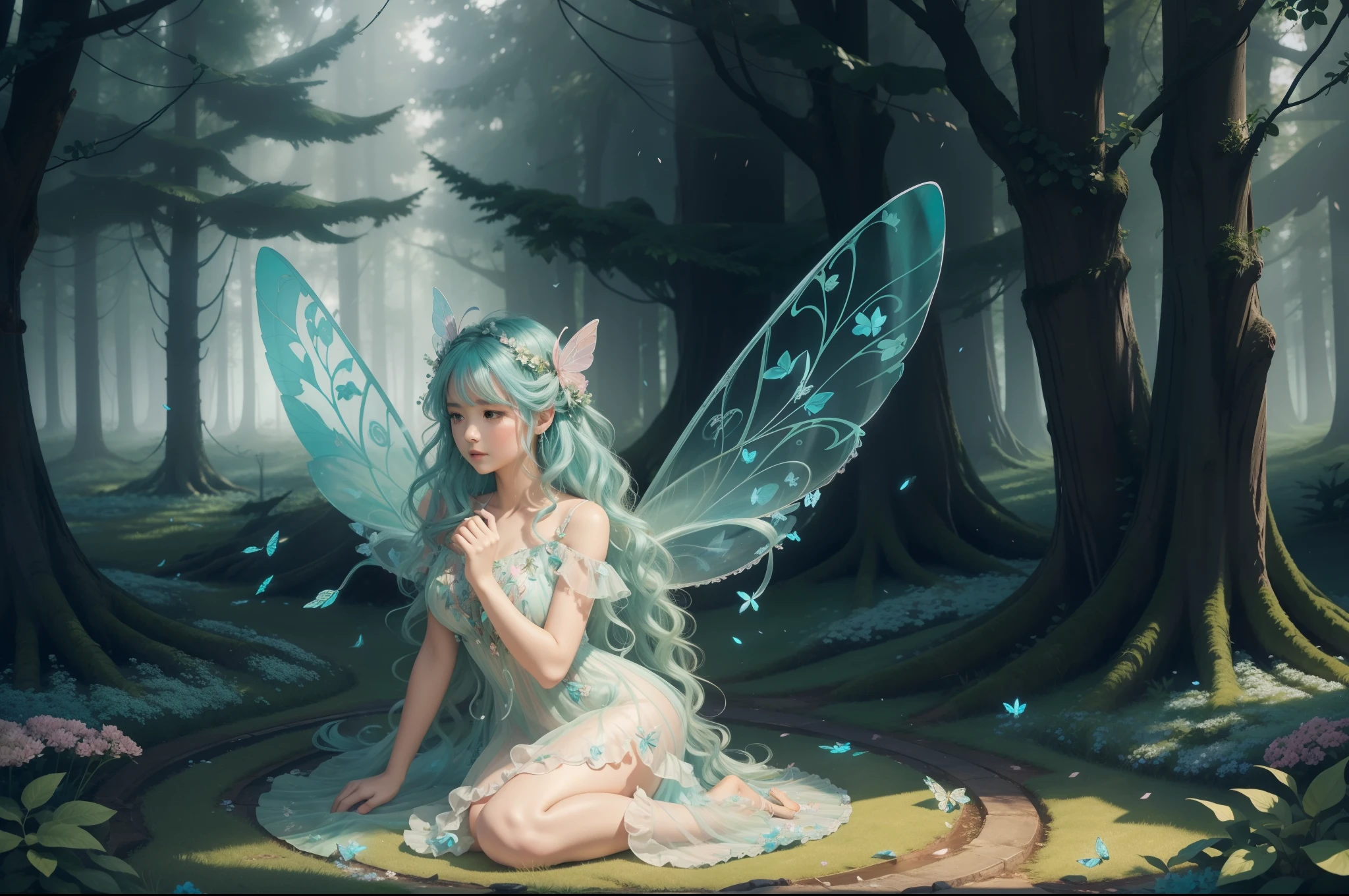 A fairy in a garden in the woods. Big butterfly like wings on her back. She wears a multilayered dress in light sapphire transparent fabric with silver and aquamarine embellishments. Long messy wavy hair in dark colour, flower tiara. She is emerging from a vortex of multicoloured varieties of flowers and leaves of different shapes and tones of green. Dynamic image. Magical flowery forest as background, clear day, sunny, light filtering through the trees.