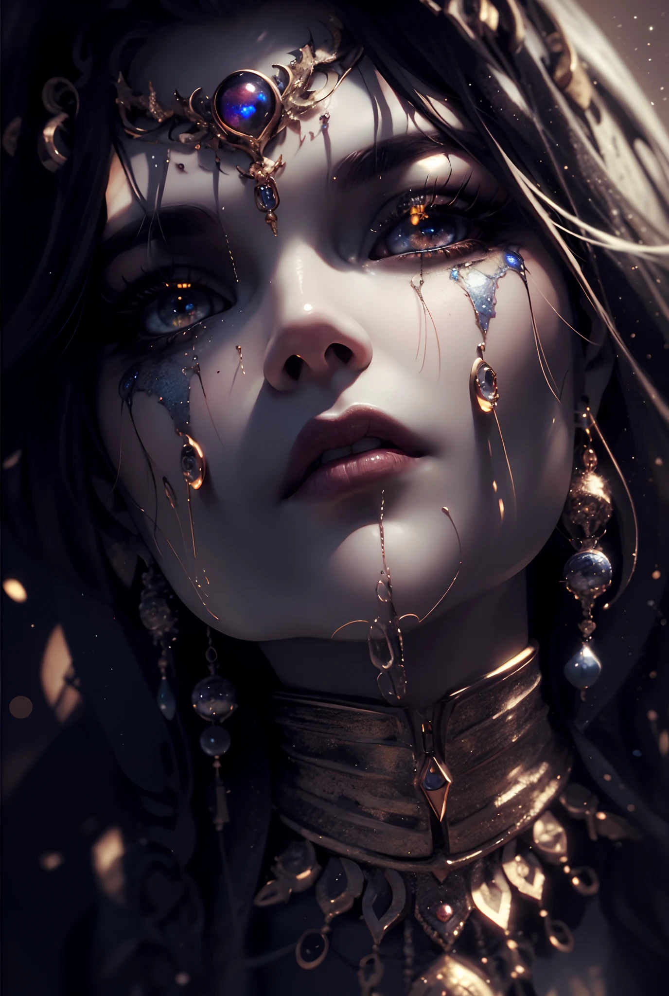 (best qualtiy,ultra - detailed,Most Best Illustration,Best shadow,tmasterpiece,A high resolution,professionalartwork,famousartwork),Detailed eyes,beautidful eyes,closeup cleavage,sci-fy,colored sclera,Robot eyes,face markings,Tattooed with,(fractalized,Fractal eyes),largeeyes,Wide eyes,(Eye focus),sface focus,Cosmic eyes,Space eyes,Close-up of metal sculpture of a woman with a moon in her hair,goddes。extremly high detail,3 d goddess portrait,Extremely detailed footage of the goddess,a stunning portrait of a goddess,Side image of the goddess,portrait of a beautiful goddess,Full body close-up portrait of the goddess,hecate goddess,portrait of a norse moon goddess,goddess of space and time