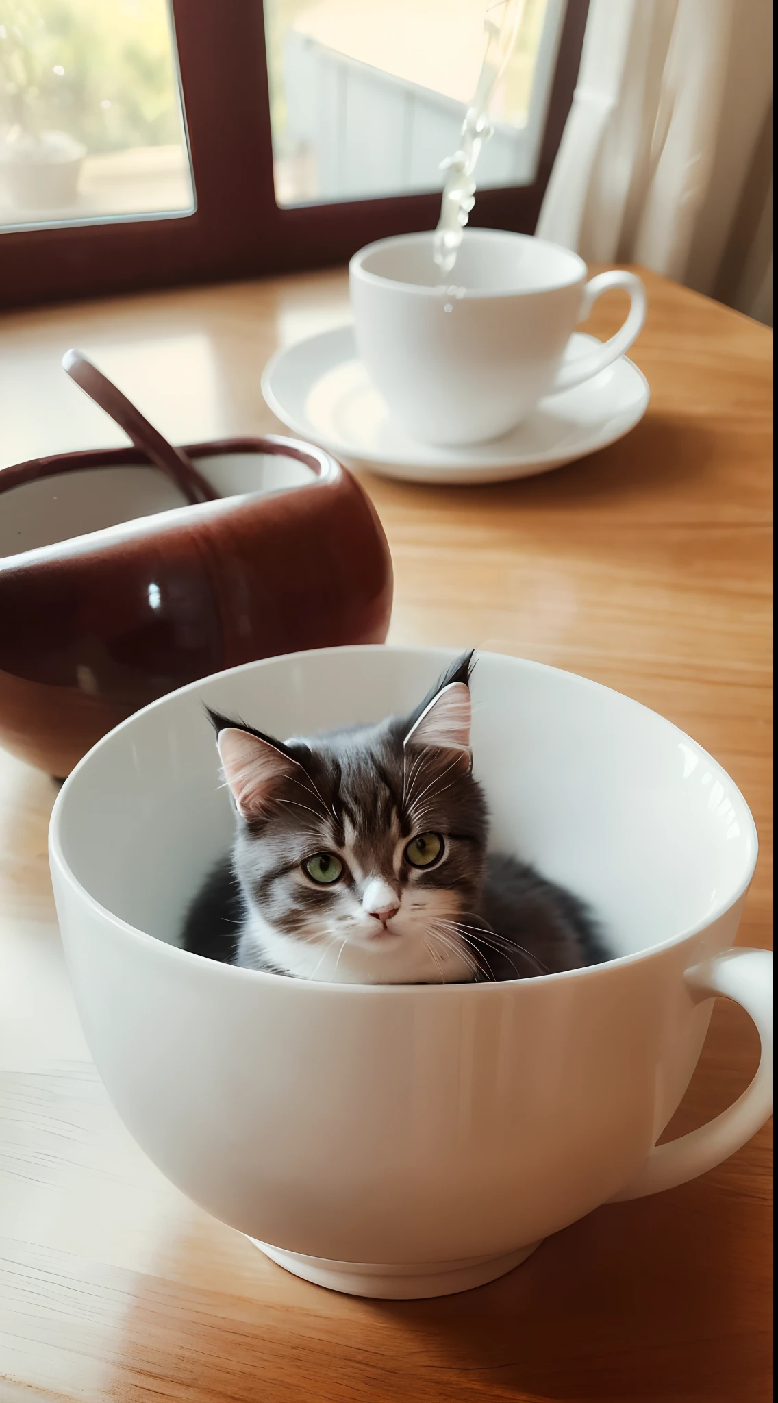 Cat, (Himalayan), (Small)))), in a teacup, Face, Front paws out, 8K, Professional photo, Delicate, Clear, On the table, Inside the house, Sunshine, Light Leak, Masterpiece, ((Pretty))), Fashionable Teacup, (Reality), Plush Toy, Round Pupils
